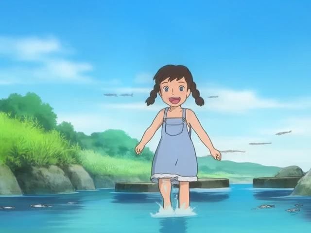 A scene from a Studio Ghibli animated film, featuring a joyful girl with twin black braids, sparkling blue eyes, and a sundress, as she jumps between stepping stones in a bubbling brook under a clear summer sky, with fish darting below, while the camera sweeps downward, emphasizing the carefree and vibrant energy.