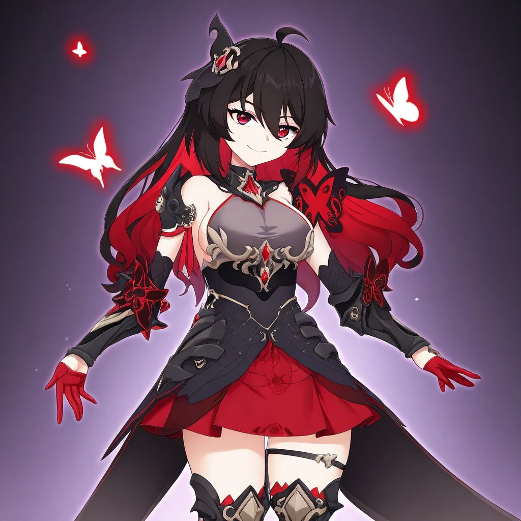 best quality, high quality, masterpiece, newest, anime, 1girl, solo, SeeleVelionaNyx, red eyes, black and red hair, two-tone hair, multicolored hair, colored inner hair, long hair, hair between eyes, ahoge, hair ornament, sleeveless shirt, bare shoulders, collar, necklace, red gems, gold underbust, gray top, sideboobs, black corset, red skirt, miniskirt, gunmetal and gold thigh boots, red gloves, thighstrap, gauntlets, butterfly decorations, coattails, bare shoulders, smiling, standing, cowboy shot