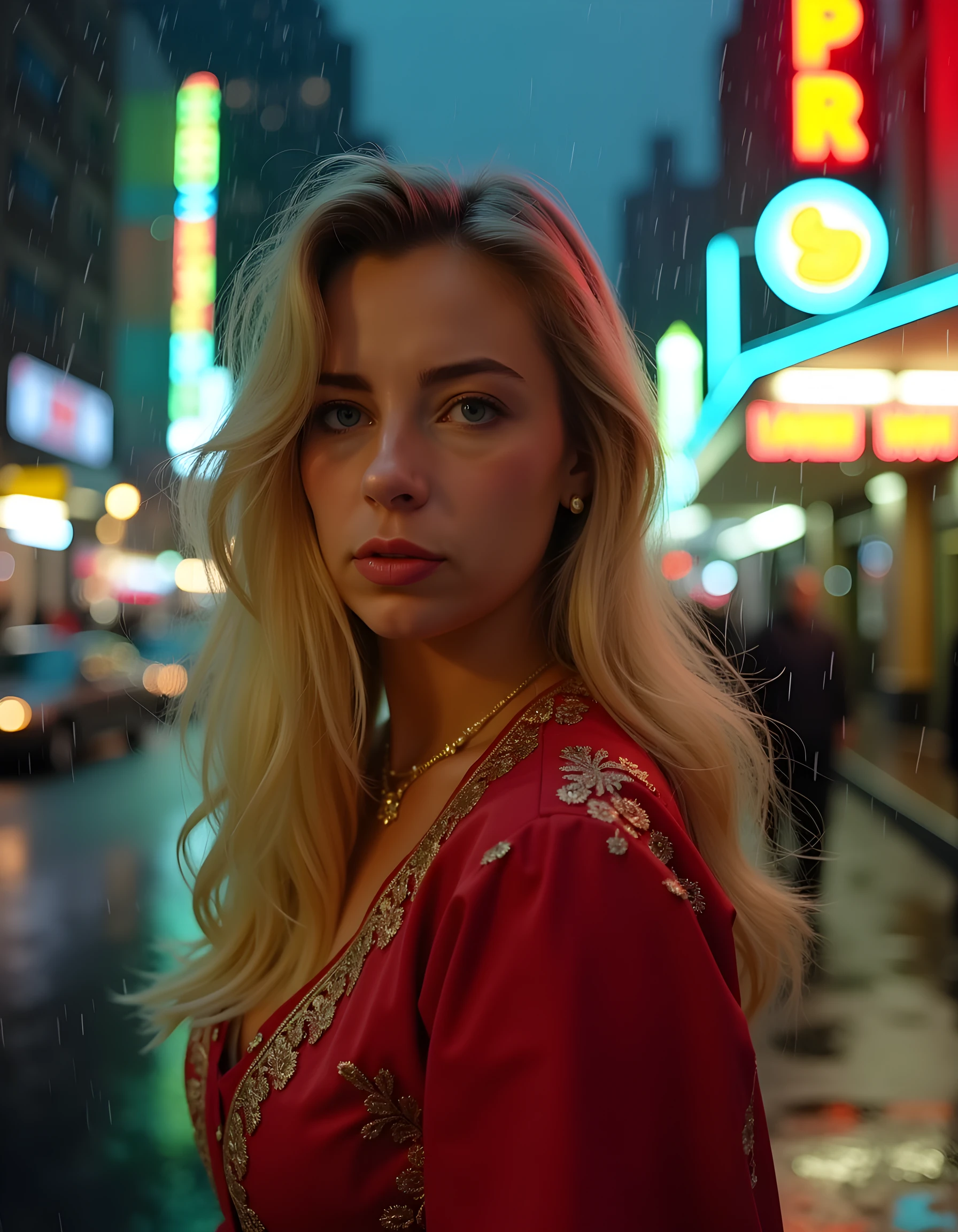 Blond woman in red dress standing in the rain in a city - SeaArt AI