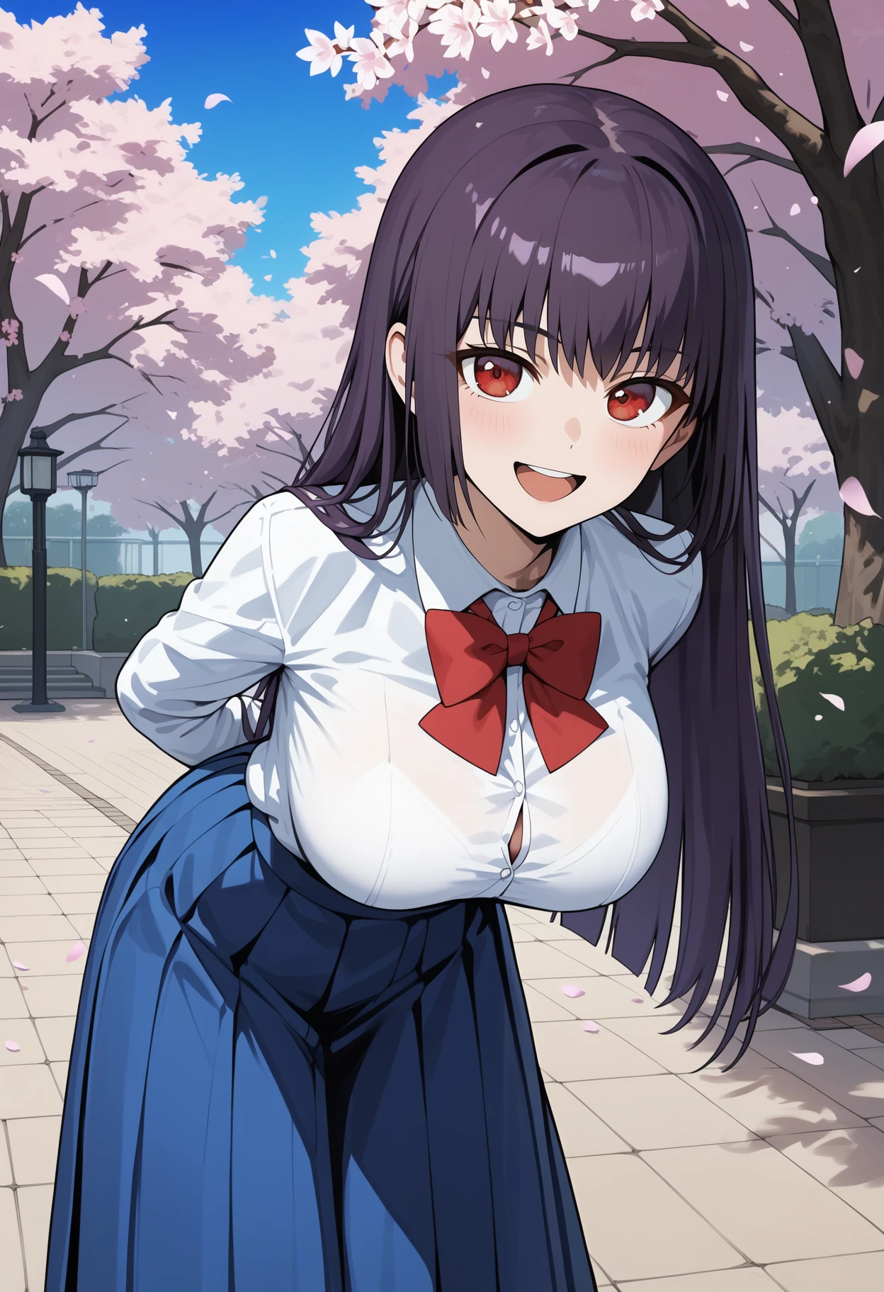 score_9, score_8_up, score_7_up, score_6_up, score_5_up, score_4_up, source_anime, aasana, long hair, black hair, purple hair, red eyes, large breasts, school uniform, red bowtie, collared shirt, white shirt, long sleeves, shirt tucked in, long skirt, pleated skirt, blue skirt, <lora:sunomiya_sana_ponyxl_v1:0.9>, arms behind back, leaning forward, standing, outdoors, open mouth, cherry blossoms, smile, park,