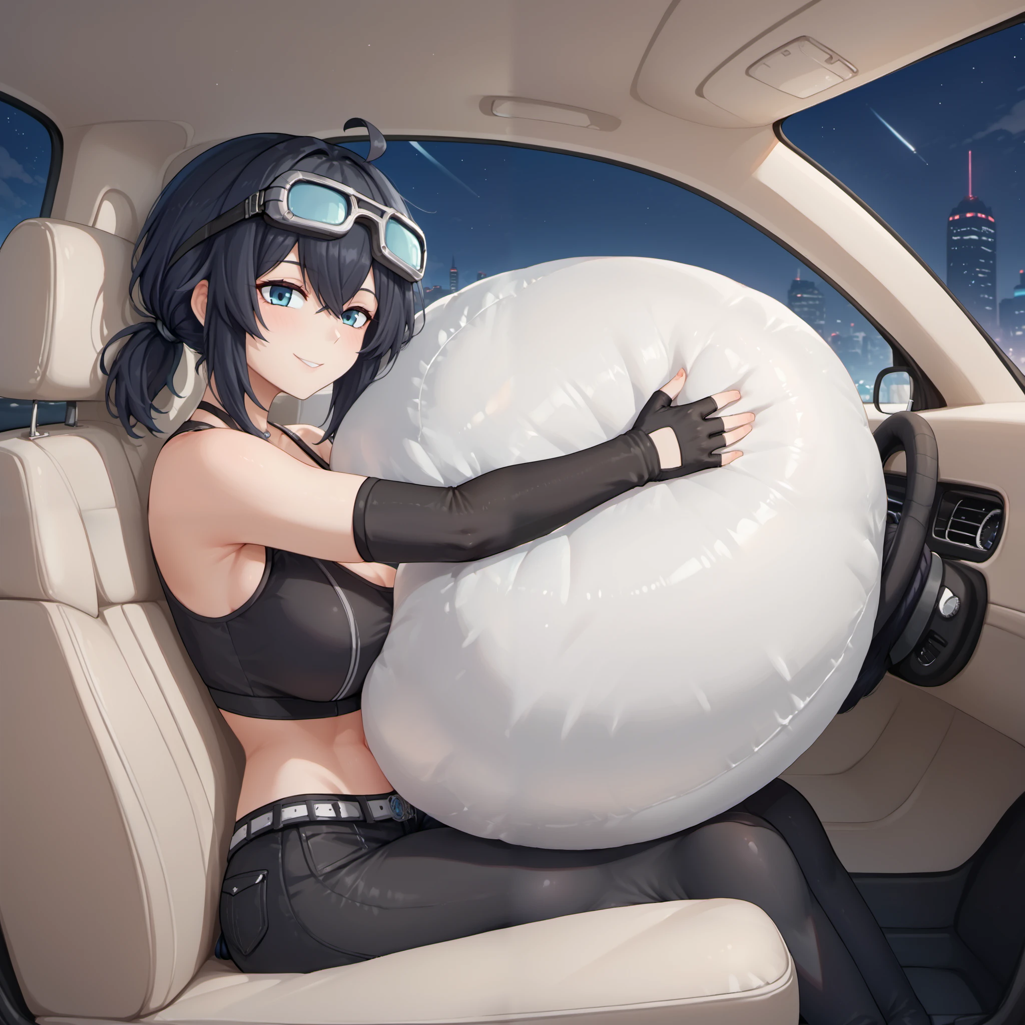 embedding:PonyXLV6_Scores, 

 InflatedAirbag,  beautiful, best quality, , source_anime, 

dark, city exterior, night time, soft neon lighting, 

(zzzGrace the drivers seat of a car), 23 years old, (she is hugging an inflated airbag:1.25), large breasts, the airbag is coming out of the steering wheel, perfect car interior, d(etailed car interior made of dark blue gray leather:1.2), 

zzzGrace, black hair, ahoge, short ponytail, low ponytail, big breasts

goggles on head, choker, black crop top, cleavage, sleeveless, midriff, detached sleeves, asymmetrical gloves, fingerless gloves, belt, black pants, skin tight