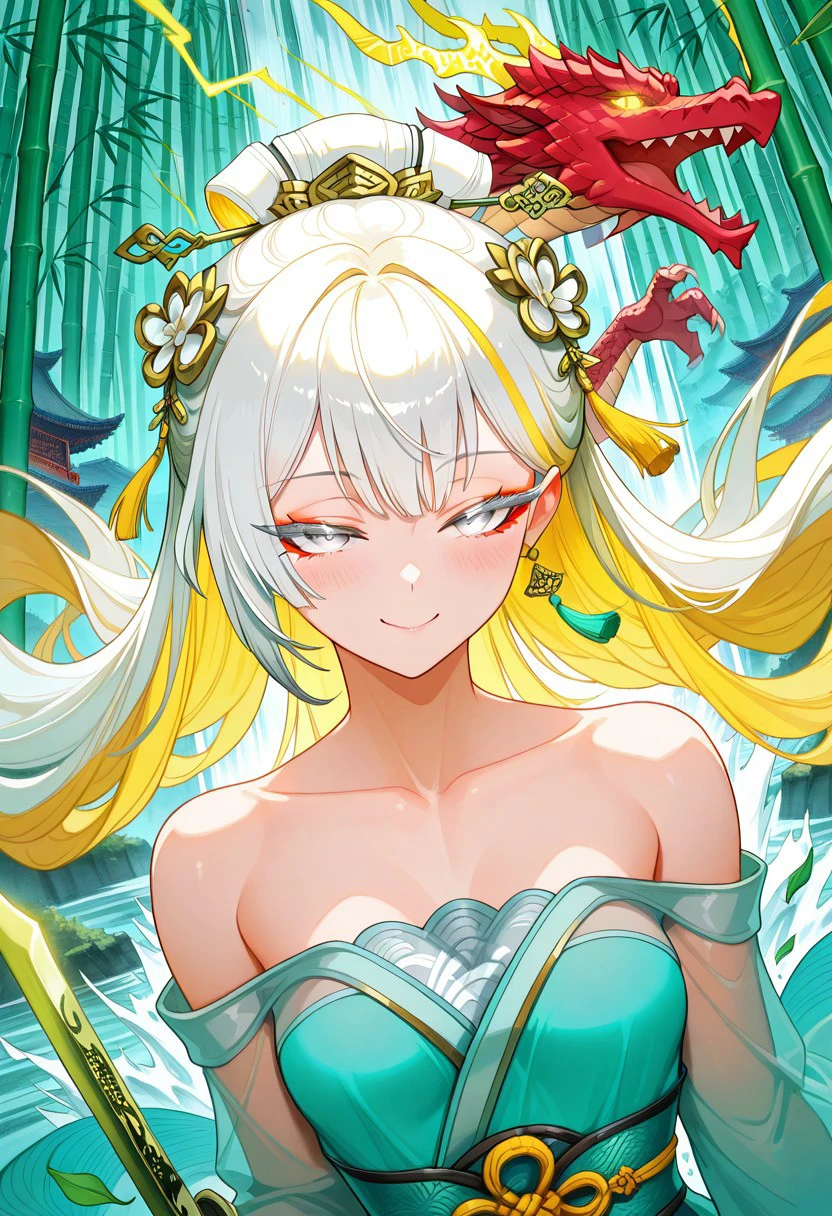 glowing eyes, streaked hair, glowing inner hair, glowing streaks, 1girl, jinhsi \(wuthering_waves\), white hair,blonde_eyes, large_breasts, (upper_body,close-up:1.4),Dynamic pose,a¸²,((aqua and yellow:0.85) but Limited palette:1.2),//,Chinese architecture,Ink,hair flowers,bamboo forest,bamboo,//(long hair),small breasts,smile,((dragon)),Yellow lightning,(makeup,white eyeliner),white eyeshadow,white eyes,(long eyelashes),half-closed eyes,Dragon skirt,blush,holding sword,chinese sword,(dynamic angle:1.2),(hanfu:1.4),chinese clothes,transparent clothes,tassel,chinese knot,bare shoulders,kanzashi,draped silk,gold trim,wind,bokeh,scattered leaves,flying splashes,waterfall,splashed water,looking at viewer,                                         
,masterpiece,best quality,amazing quality, freebos_smoothiestyle, vivid colors