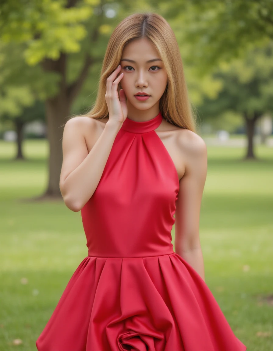 detailed photo of a woman. Ponytail. posing in the green park , full body,   <lora:KimYeon-Flux:1> young asian girl, skinny body, long blonde hair,  <lora:tulipdress-flux:1.2> tuldress, red satin dress