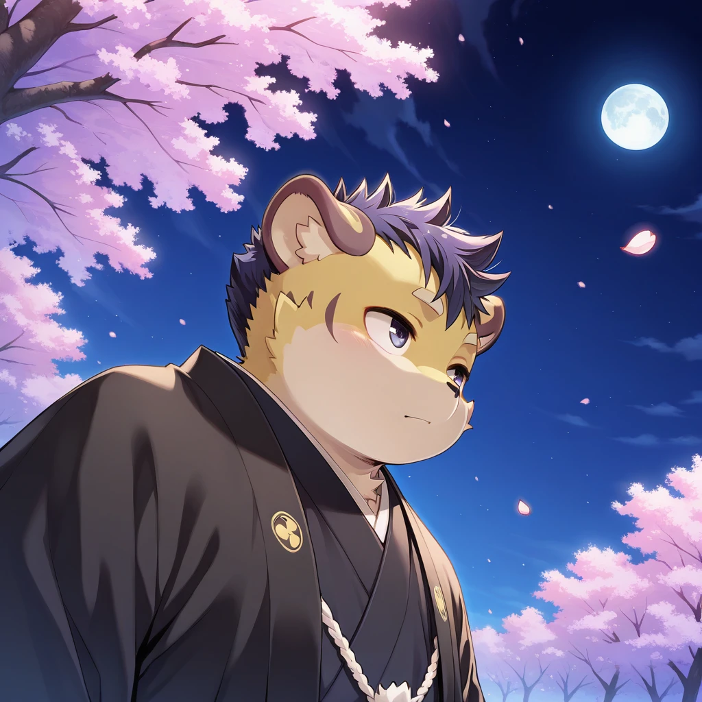 masterpiece, best quality, amazing quality, colorful, vibrant, very aesthetic, detailed background, <lora:kai-v1-10:1> tkai, 1boy, tiger boy, chubby, young, adult:1.2, black kimono, black haori, looking away, shadow, night, dark, moonlight, falling petals, cherry blossoms, upper body, dutch angle, outdoors,