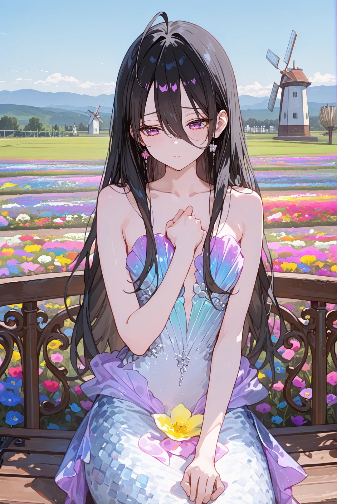 perfect quality,high quality,masterpiece,absolutely eye-catching,ambient occlusion,raytracing,front view,full_shot,vanishing point,AyanoKimishima Cyql,1girl,solo,long hair,black hair,hair between eyes,ahoge,purple eyes,furrowed brow,sitting,hand on own chest,Whimsical,Elegant mermaid gown with a strapless sweetheart neckline and lace appliqués,midnightblue gradient clothes,beautiful face,beautiful eyes,perfect body,sexy,Serene sky,at Daybreak,(in Flower garden,colorful flower garden,landscape of flowers:1.5),( blue sky,cumulonimbus),(windmill:1.3),(wooden bench:1.2),(many flowers are blooming:1.3),intricate cinematic background,detailed background,laser light clothes,qxys,748cmstyle,<lora:spo_sdxl_10ep_4k-data_lora_webui:0.7>,<lora:illustrious_all_rated_v1:0.7>,<lora:laser_light_clothes_v0.5-pony:0.4>,<lora:748cmSDXL:0.9>,<lora:Ayano Kimishima_Illustrious by Cyql:1>,