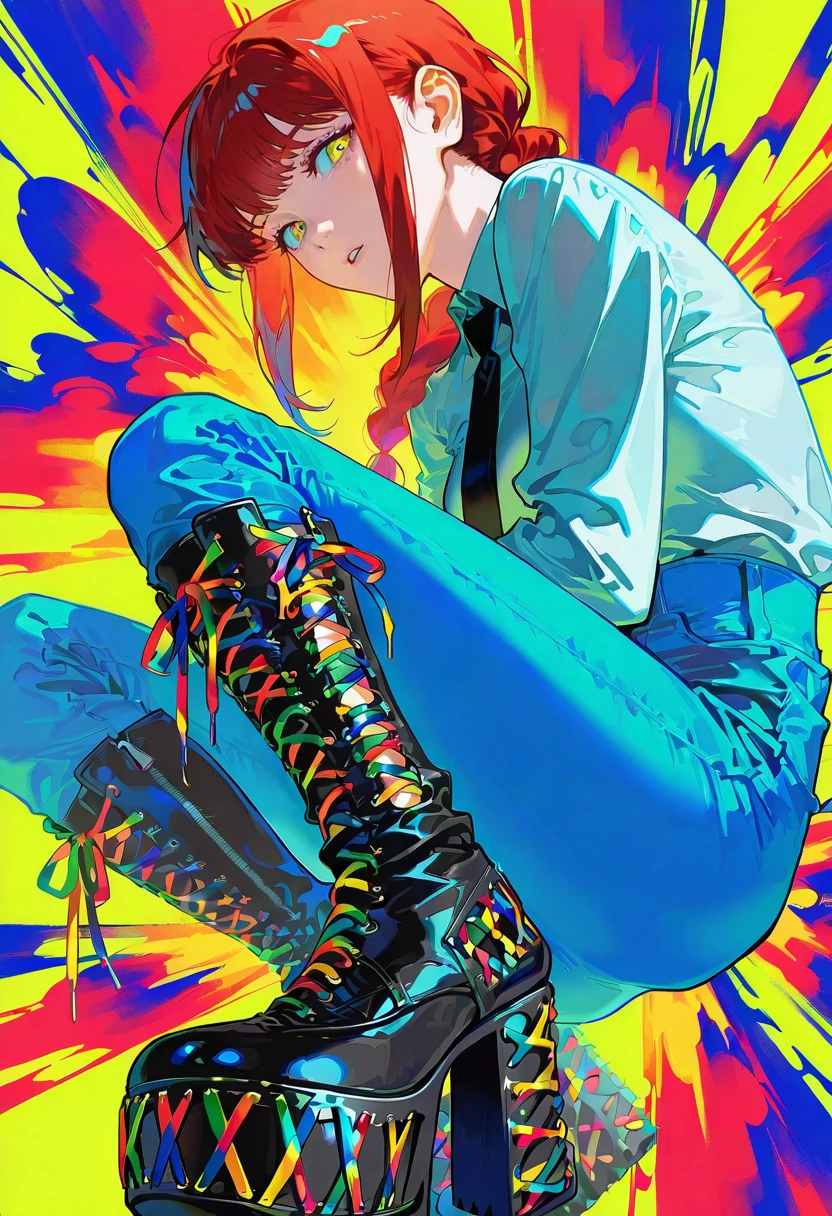 1girl,solo,looking at viewer, echo (circa), multicolored laced platform boots, colorful, black footwear, makima_(chainsaw_man)