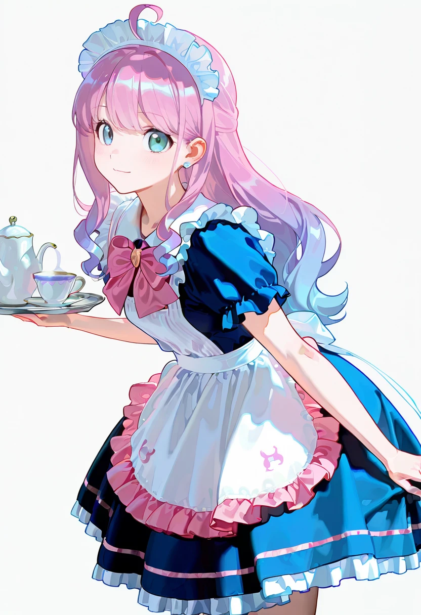 1girl,solo,looking at viewer, echo (circa),maid, 1girl, maid headdress, apron, blue dress, frills, short sleeves, pink bow, himemori_luna,tray,teapot,teacup,light smile,