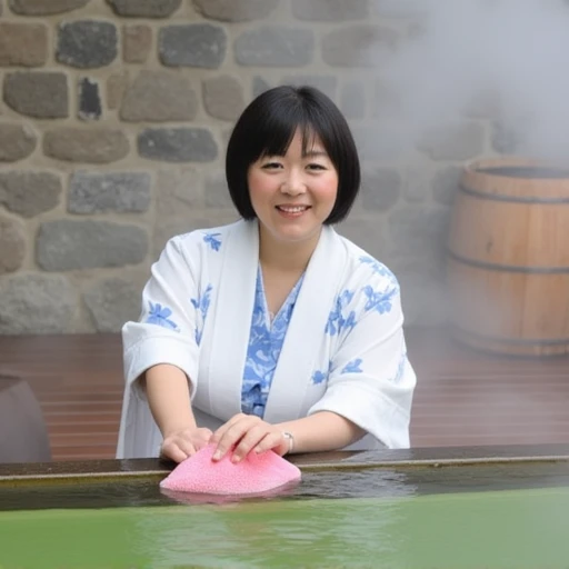 A photograph captures a smiling Japanese woman with short black hair, wearing a white yukata adorned with blue floral patterns, kneeling beside a wooden hot spring. She is reaching into the greenish water with a pink scrubbing mitt. The background features a stone wall and wooden deck, with a wooden barrel visible in the foggy, steamy atmosphere, typical of a traditional onsen (hot spring). The image exudes a serene and warm ambiance. Onsen, Japanese_Bath