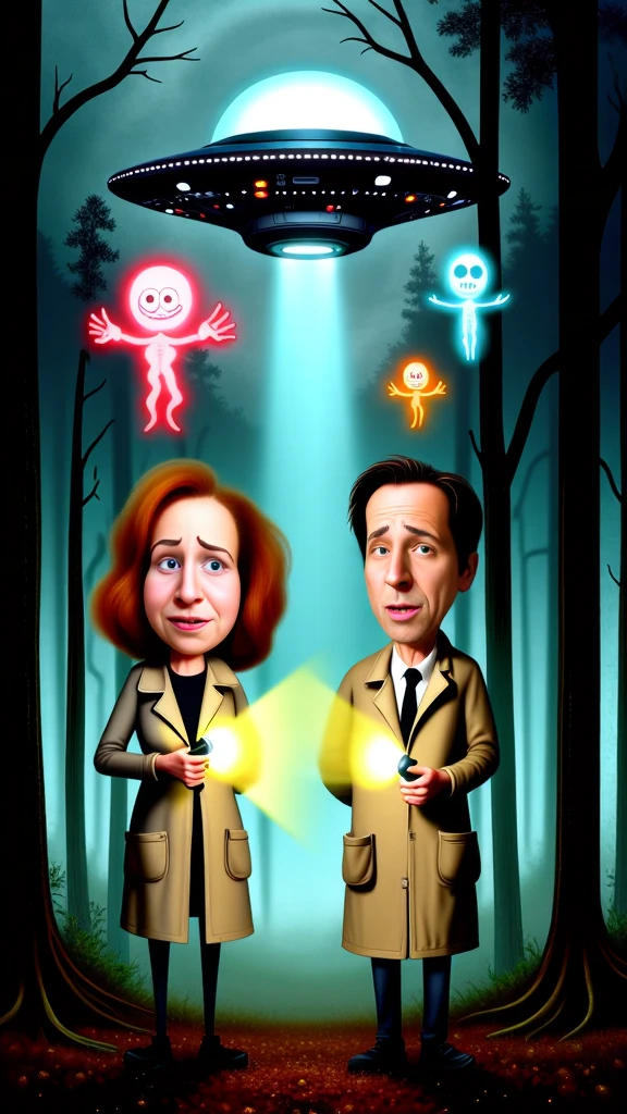 <lora:EverlyHeightsWeirdosFLUX:1> "Flux Files: The Weird is Out There" â A parody of "The X-Files," showing two quirky investigators in trench coats, flashlights in hand, surrounded by glowing, floating objects in a dark, foggy forest with an ominous flying saucer above.