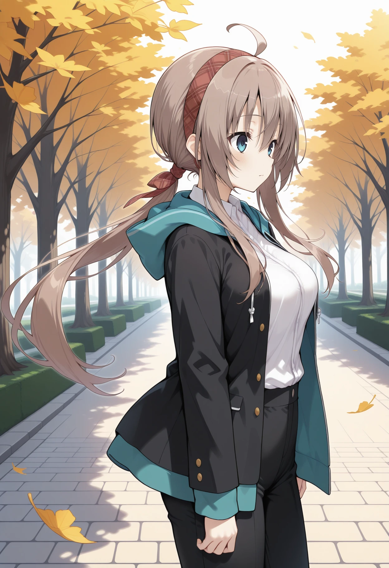 1girl, aatsumugi, long hair, brown hair, low ponytail, ahoge, plaid hairband, red hairband, blue eyes, breasts, school uniform, white shirt, hooded jacket, black jacket, open jacket, long sleeves, black pants, <lora:shiiba_tsumugi_ilxl_v1:0.9>, outdoors, from side, wind, floating hair, standing, cowboy shot, solo, autumn,
masterpiece, best quality, amazing quality,