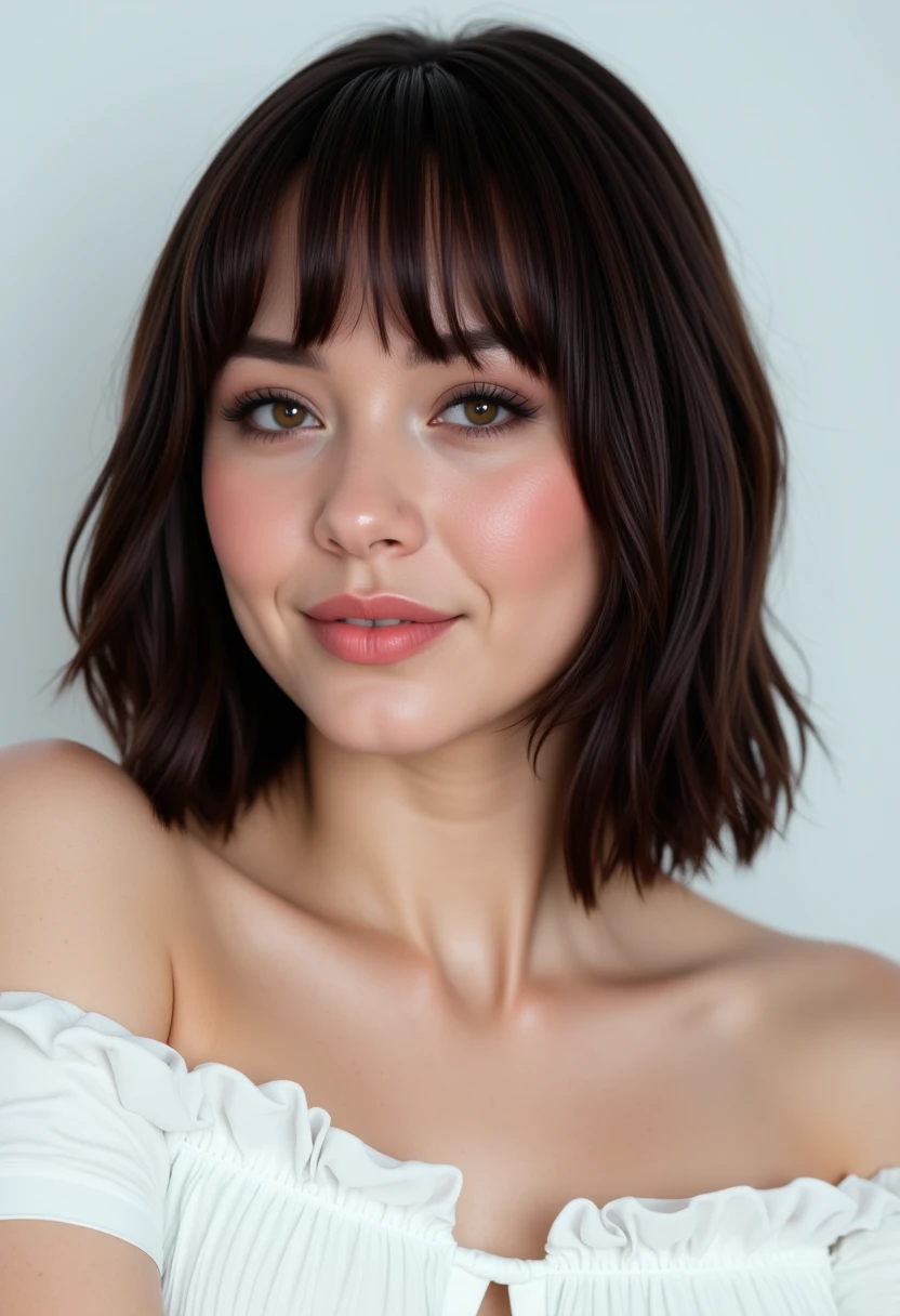 Hyperrealism, she is looking at the camera, (dynamic angles),profile  headshots of a beautiful, stunning unique female character. she has hair. her eyes are filled with joy and excitement, extravagant eyelashes,  A photo of Danny_SCGpV1, She is wearing a white frilly shirt. The woman is posing confidently. simple white background.  She has a slight smile on her face and is looking directly at the camera. The background is a simple white wall.. making this image a masterpiece of photography and digital art. Style: realistic hyper-detailed rendering, 32k UHD, expressive eyes, punk, graphic design, girl's face, pretty and cute, gleaming lips, white skin, telling a tale of adventure. Exuding confidence and serenity. The background is a simple white wall. The overall mood of the image is happy and relaxed.RAW candid cinema,16mm,color graded portra 400 film,remarkable color,ultra realistic,textured skin,remarkable detailed pupils,realistic dull skin noise,visible skin detail,skin fuzz,dry skin,shot with cinematic camera,detailed skin texture,(blush:0.2),(goosebumps:0.3),subsurface scattering,beautiful photograph in the style of Augustus John,Sergio Toppi,Virginia Frances Sterrett,8k HD,detailed skin texture,ultra realistic,textured skin,analog raw photo,cinematic grain,whimsical,detailed hand,perfect hand.perfect style.