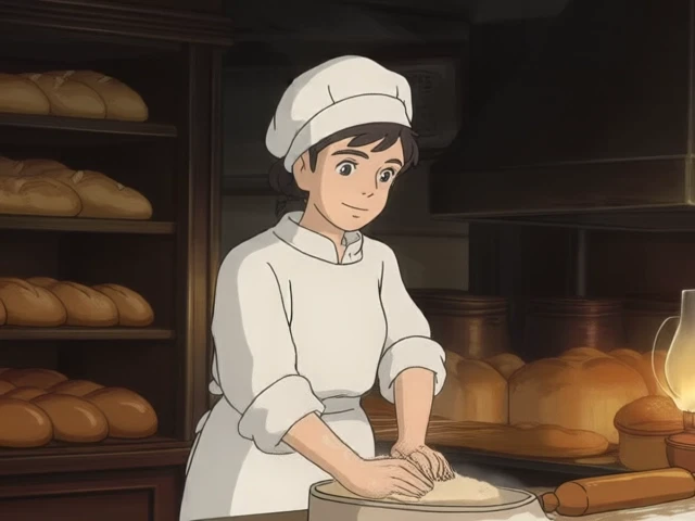 A scene from a Studio Ghibli animated film, featuring a cheerful baker, as she kneads dough in her cozy bakery at dawn, under the soft glow of an oil lamp, with shelves lined with freshly baked bread, while the camera zooms in on her flour-dusted hands, emphasizing homeliness and comfort.