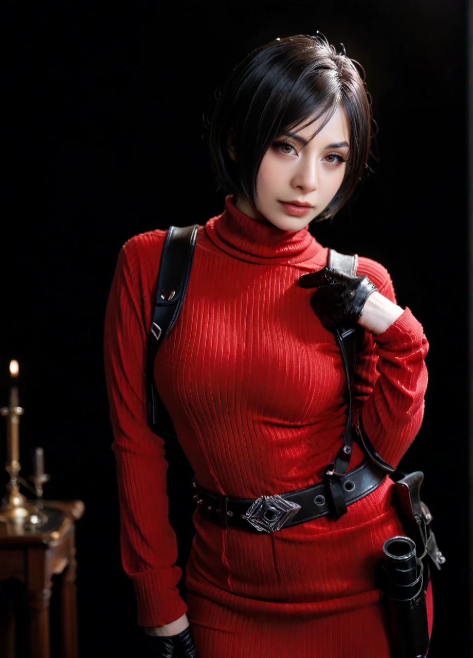 <lora:Cosplay_Byoru-PONY:0.8> byorucos, 1girl, solo, cowboy shot, black hair, short hair, black gloves, red turtleneck, ribbed sweater, long sleeves, dress, shoulder holster, belt, ada wong, black background, photo, score_8_up, score_7_up, score_6_up, score_5_up, score_4_up,