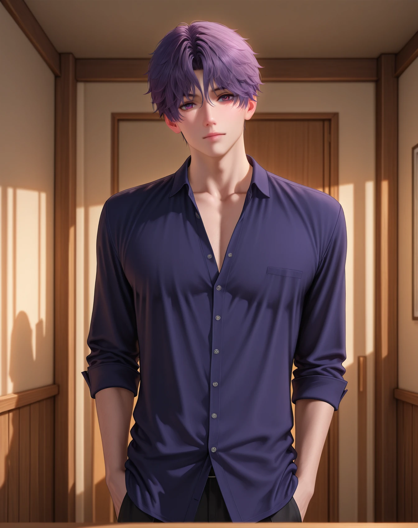 masterpiece, best quality, absurdres, very aesthetic, 
1boy, solo, yaoi, male focus, realistic, 
looking at viewer, cowboy shot, facing viewer,
 <lora:Rafayel_LnDS:1> lndsrafayel, purple hair, purple eyes, short hair, hair between eyes, 
indoors,