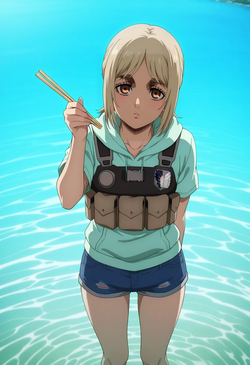 masterpiece, best quality, anime screencap, anime coloring, official style, , looking at viewer, 1girl, brown eyes, platinum blonde hair, textured hair, chopsticks, Denim paperbag shorts, Terry cloth Quatrefoil Hoodie, , , Tactical Vest, solo, coral palace, shell towers, bubble gardens, fish courts, swimming pose, graceful expression, aqua lighting, <lora:shingeki_no_kyojin_s4_style_ilxl:1>, shingeki_no_kyojin_s4_style