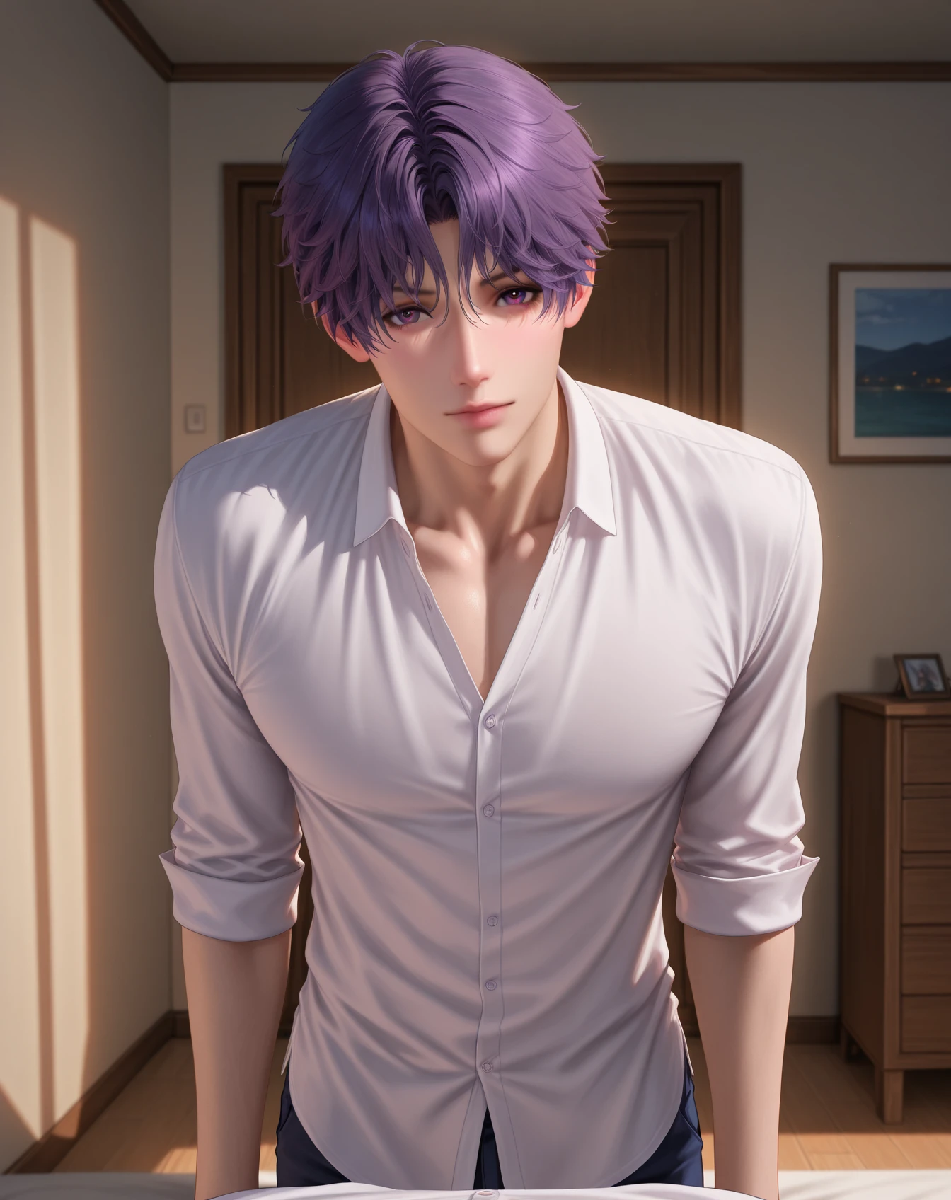 masterpiece, best quality, absurdres, very aesthetic, 
1boy, solo, yaoi, male focus, realistic, 
looking at viewer, cowboy shot, facing viewer,
 <lora:Rafayel_LnDS:1> lndsrafayel, purple hair, purple eyes, short hair, hair between eyes, 
indoors,