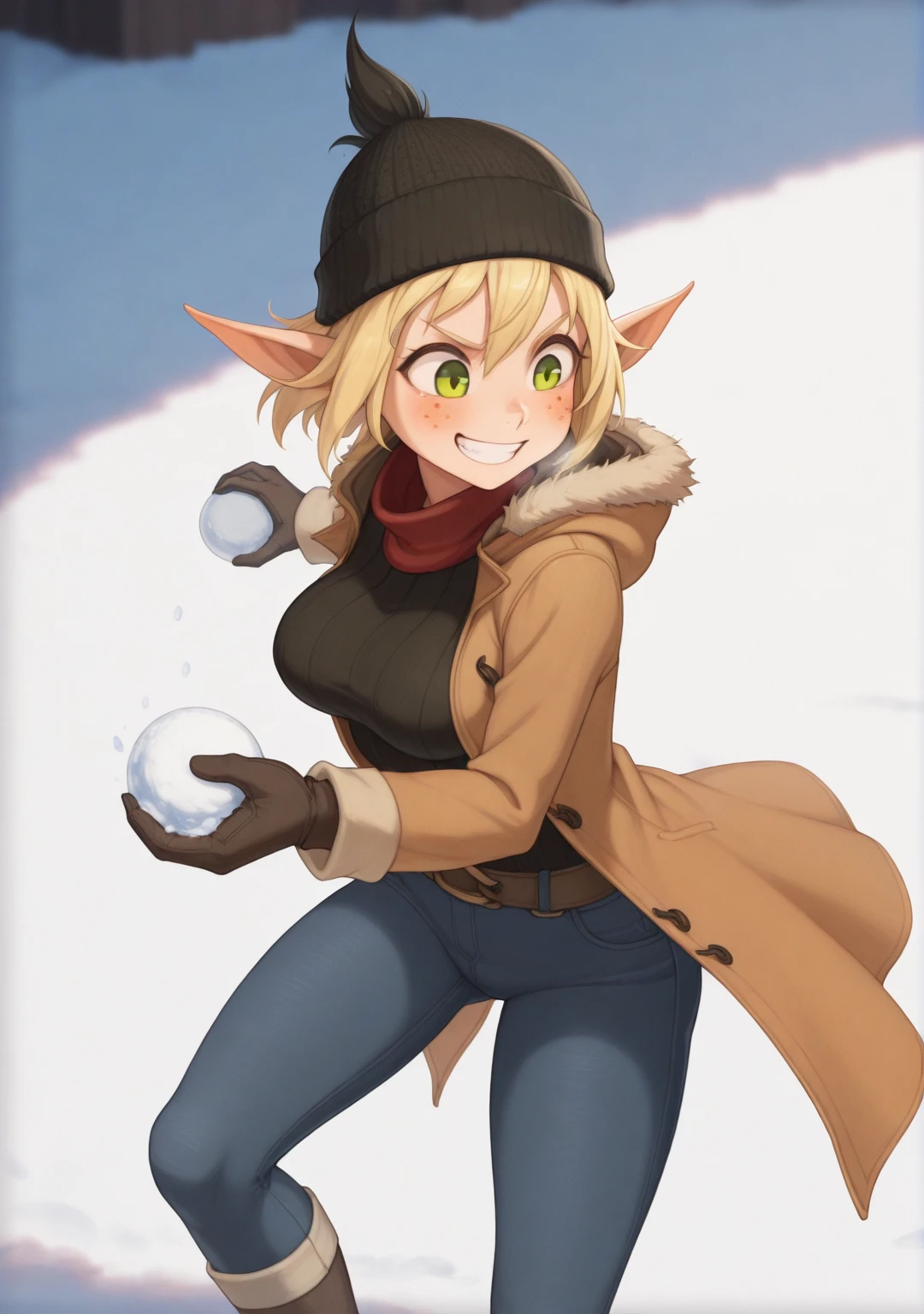 masterpiece,best quality,amazing quality, 1girl, solo, large breasts, <lora:IlluEva:1> illueva, pointy ears, freckles, green eyes, blonde hair, short hair, <lora:snowballfight_Illust_v1:1> snowball fight, snowball, snow, smile, holding, winter clothes, scarf, long coat, black beanie, jeans, gloves, floating clothes,