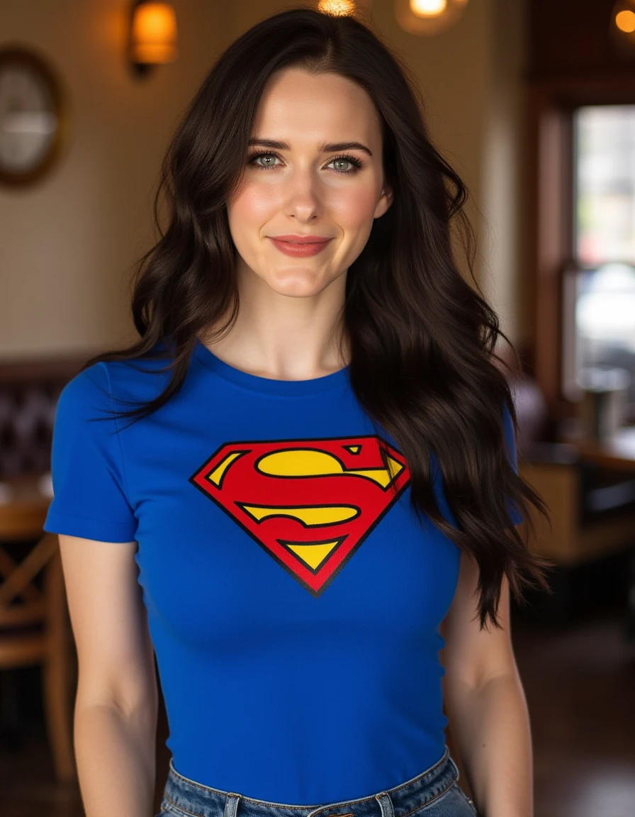 <lora:Rachel_Brosnahan_Flux:1>  This is a  beautiful photograph of a woman, Her hair cascades around her shoulders, framing her face. She is wearing a blue form fitting t-shirt with a yellow and red superman logo on the chest, Standing in a cafe. Looking at the viewer. Smile.