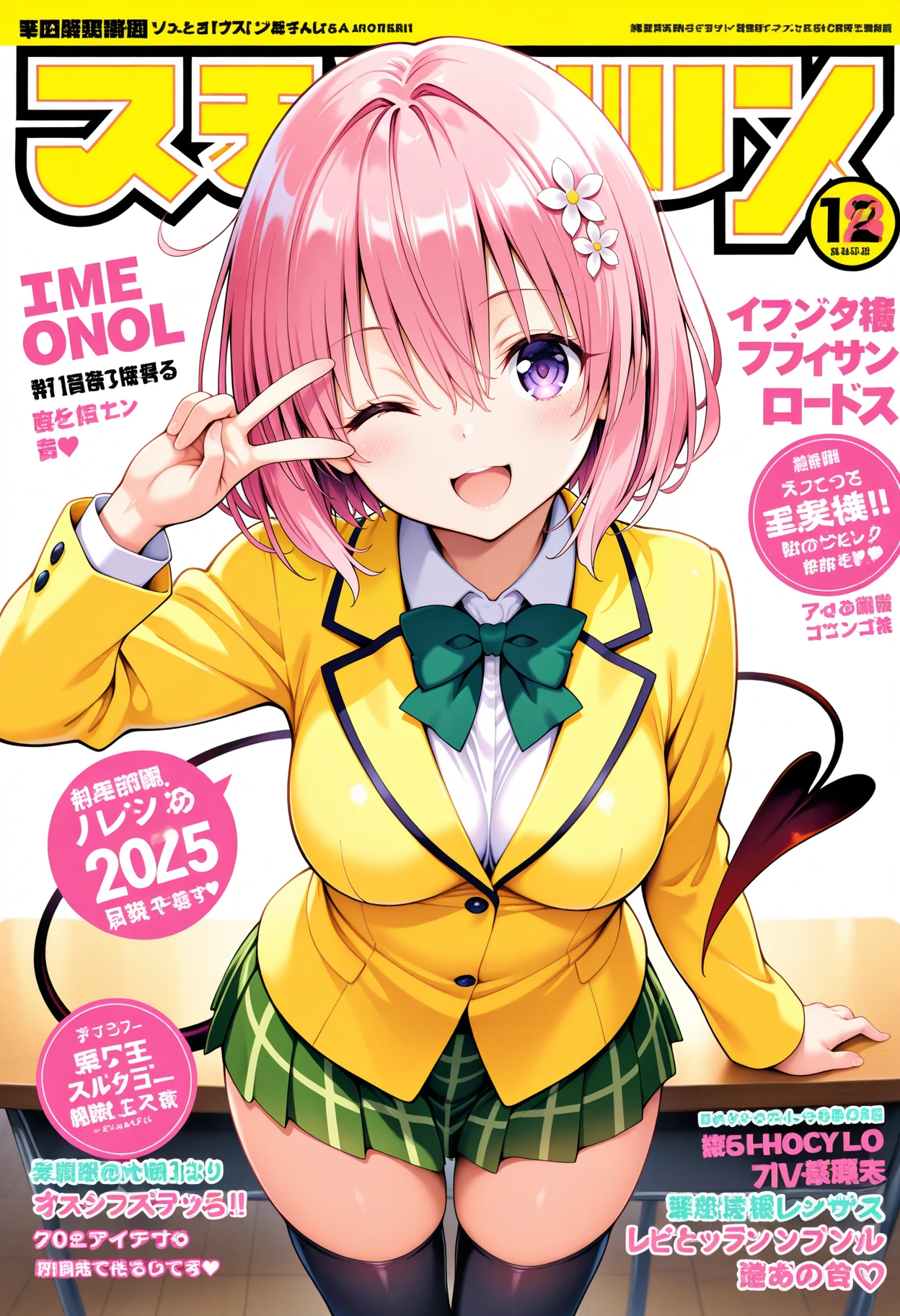1girl, aamomo, short hair, pink hair, hair flower, purple eyes, medium breasts, demon tail, school uniform, green bowtie, white shirt, blazer, yellow jacket, long sleeves, plaid skirt, green skirt, black thighhighs, <lora:momo_velia_deviluke_ilxl_v1:0.9>, peace sign, one eye closed, smile, open mouth, magazine cover,
masterpiece, best quality, amazing quality,
