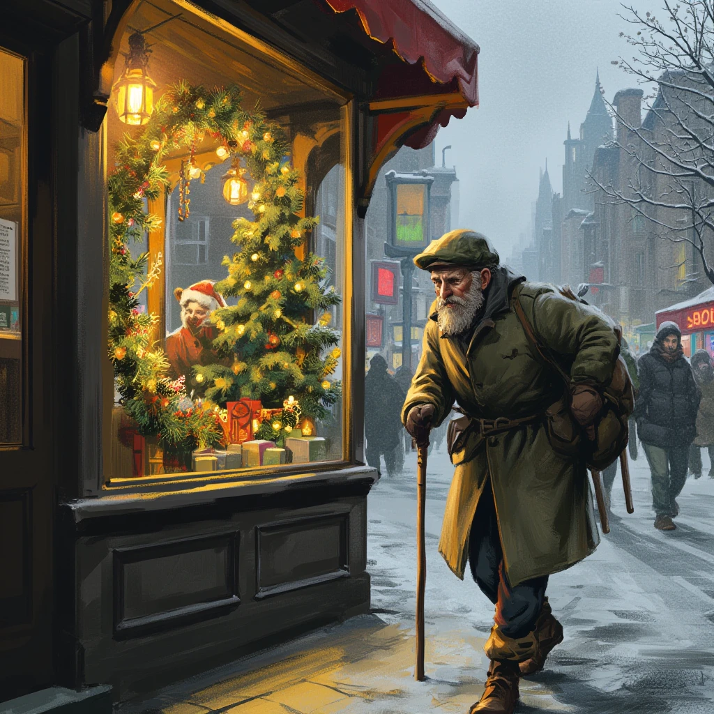 illustration in dad artstyle, an old man dressed in a winter coat and a hat holding a walking stick and standing in front of a shop window with christmas lights in a snowed in busy city street during the winter.