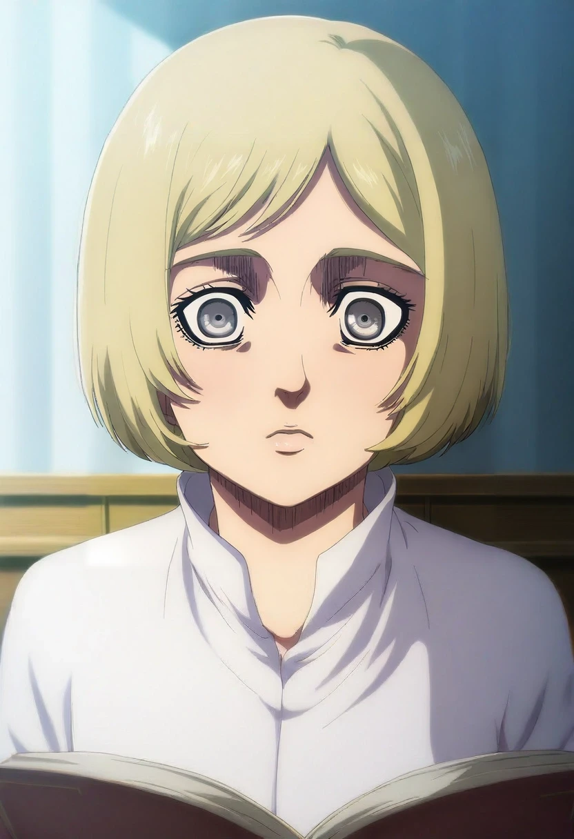masterpiece, best quality, anime screencap, anime coloring, official style, intricate details, , 1girl, grey eyes, ash blonde hair, pixie bob, ,, solo, ethereal library, light shelves, mist scrolls, floating desks, reading pose, focused expression, celestial glow, <lora:shingeki_no_kyojin_s4_style_ilxl:0.92>, shingeki_no_kyojin_s4_style,
