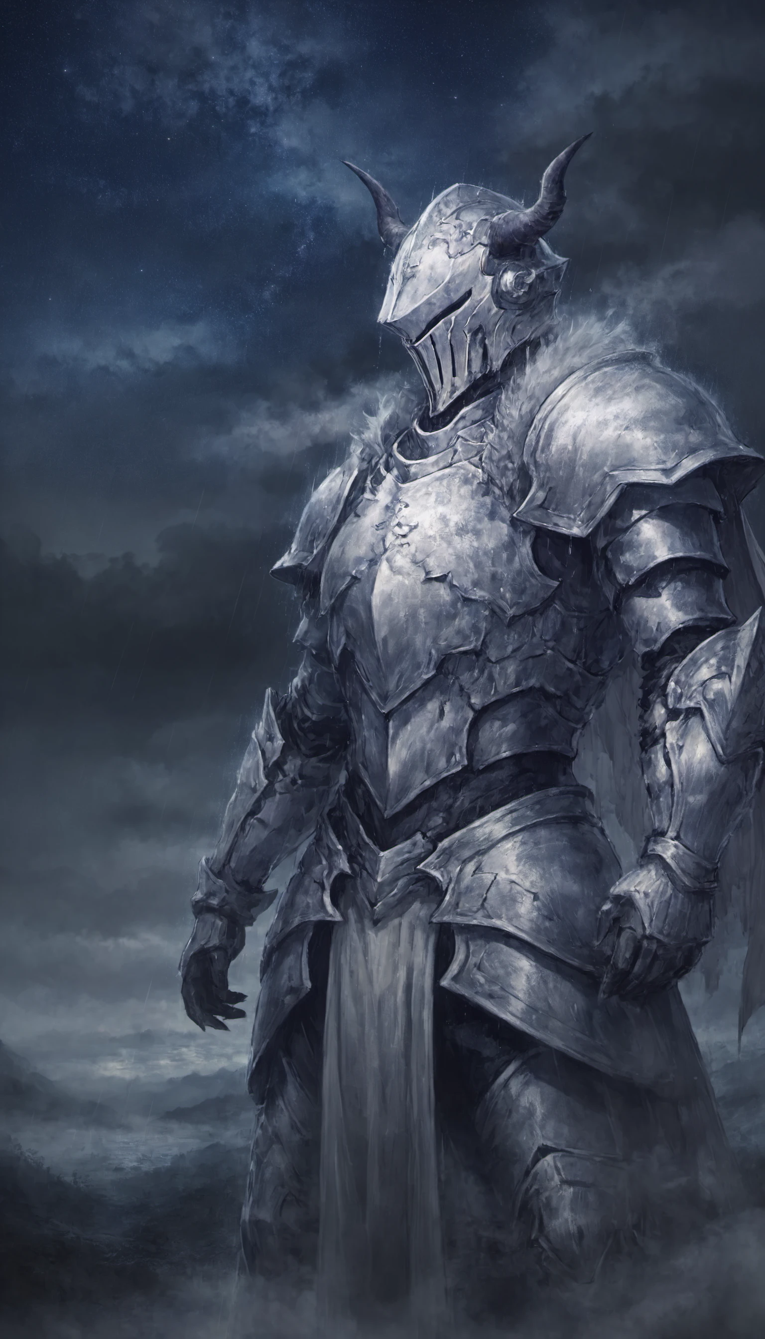 1man, white armor, horned helmet, night, starry sky, fog, rain,