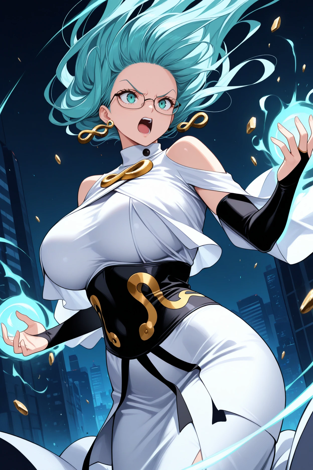 masterpiece, best quality, 1girl, solo, <lora:psykos-illu-nvwls-v1-000006:1> opmpsy, wavy hair, aqua hair, long hair, aqua eyes, huge breasts, earrings, glasses, turtleneck, white dress, shoulder cutout, bare shoulders, black underbust, gold brooch, black elbow gloves, bridal gauntlets, long dress, night, city, floating hair, open mouth, yelling, casting magic, floating objects, telekinesis, debris