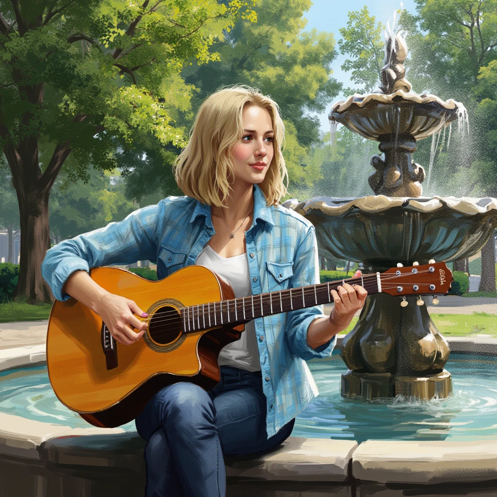 illustration in dad artstyle, a college woman is sitting outside on the ledge of a fountain in a park playing the guitar during a sunny day with natural lighting. she has shoulder-length blond straight hair and is wearing a light blue plaid shirt with rolled up sleeves to her elbows, revealing a plain white t-shirt with a blue collar underneath, as well as dark blue jeans.