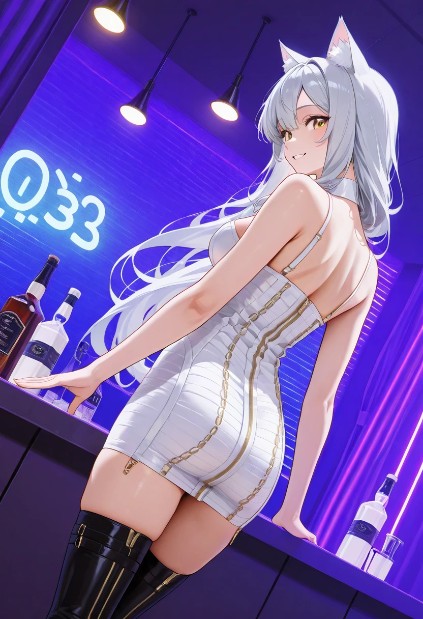 masterpiece, adsurdres, 8k, ultra high quality, anime_style, smiling, Catgirl, golden eyes, slender figure, from behind, looking back, medium breasts, long flowing silver hair with fluffy cat ears, white b0rdelle-dr3ss, bare shoulders, (black-thigh-high boots), (posing sexy), nightclub, bar, bottles, (Dutch angle), (american shot), (colored lights behind:1.5)