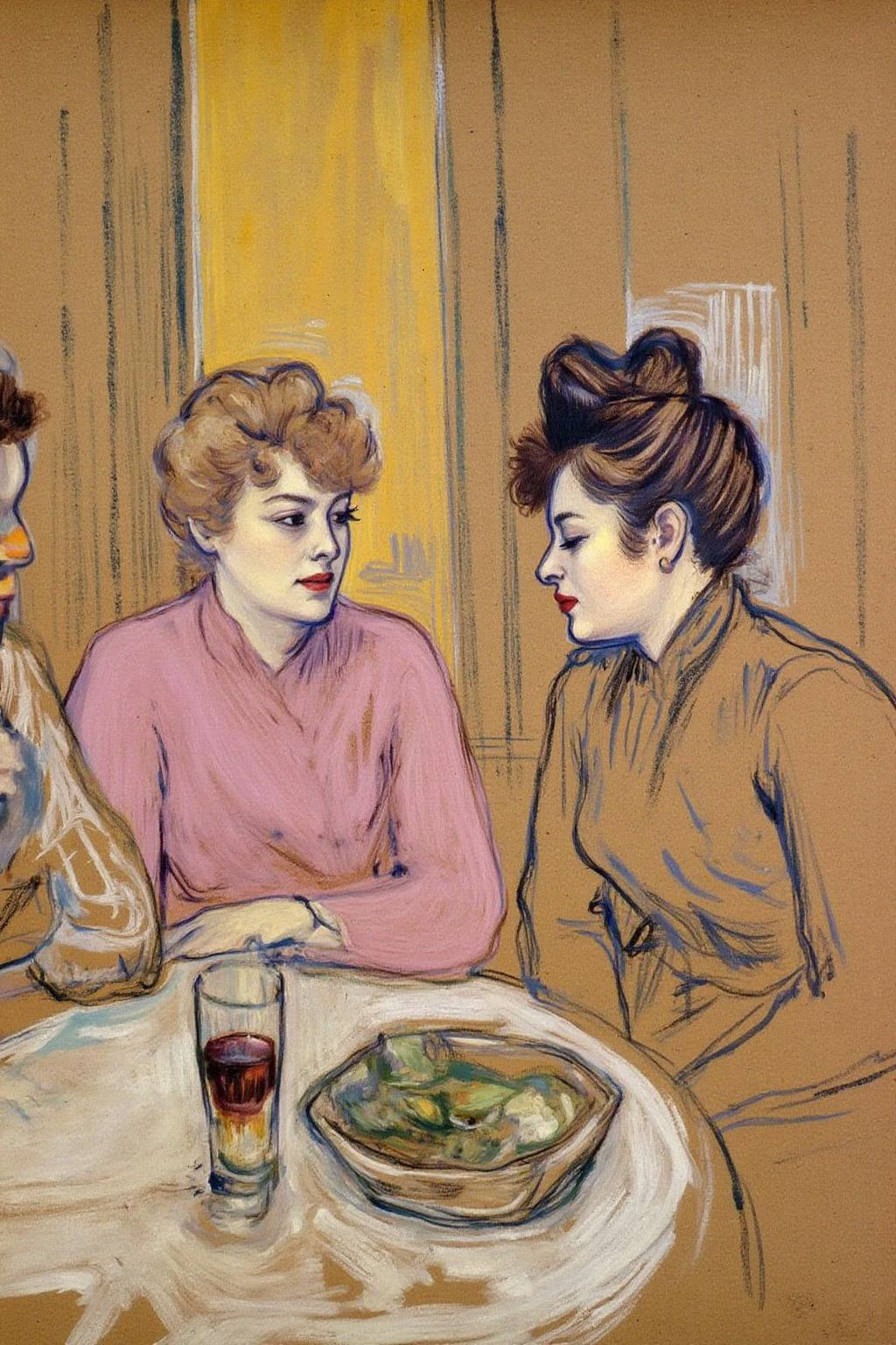 lautrec1 drawing created using charcoal and pastel on brown paper. 
The image is a painting in an impressionist style, characterized by loose brushstrokes and a focus on capturing the essence of light and color rather than precise details. The scene depicts three women seated at a table, engaged in conversation. The background features warm, muted tones of yellow and brown, suggesting an indoor setting with minimal details, emphasizing the figures and their interaction.
The woman on the left has short, curly hair and wears a pink sweater. She leans forward, her eyes focused on the woman on the right, who has straight, dark hair styled in an updo.
  <lora:lautrec3_cap_d6a3e11:1.0><lora:813115095568656184:0>