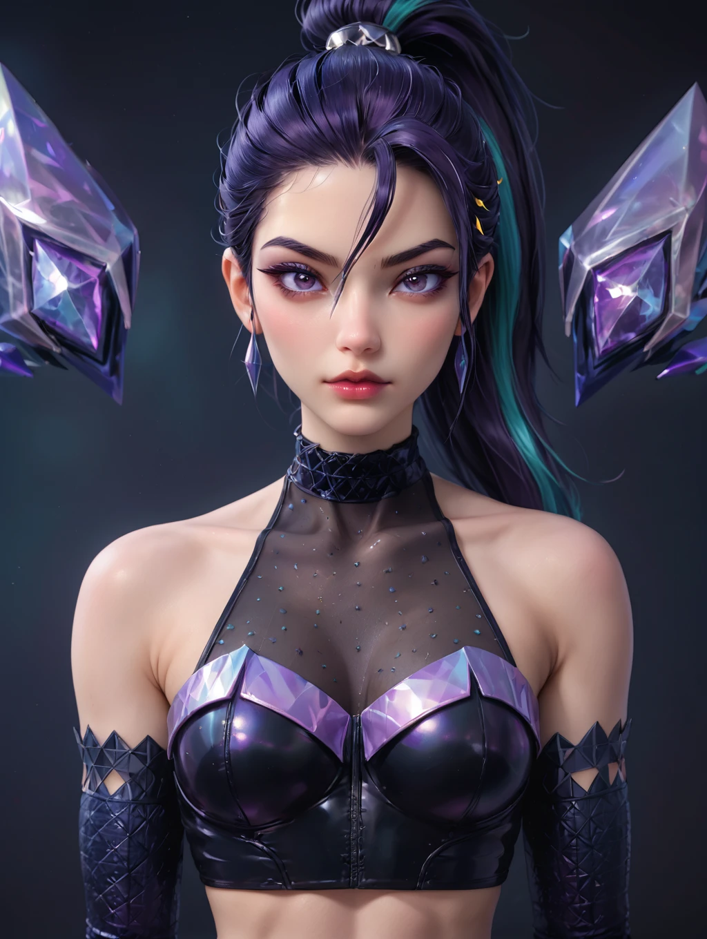 1girl, k/Da (league of legends), kaisa, (official k/da), (league of legends), purple high ponytail, k/da two-tone outfit, <lora:KaisaPonyV1:0.6>
looking at viewer, waist up shot,