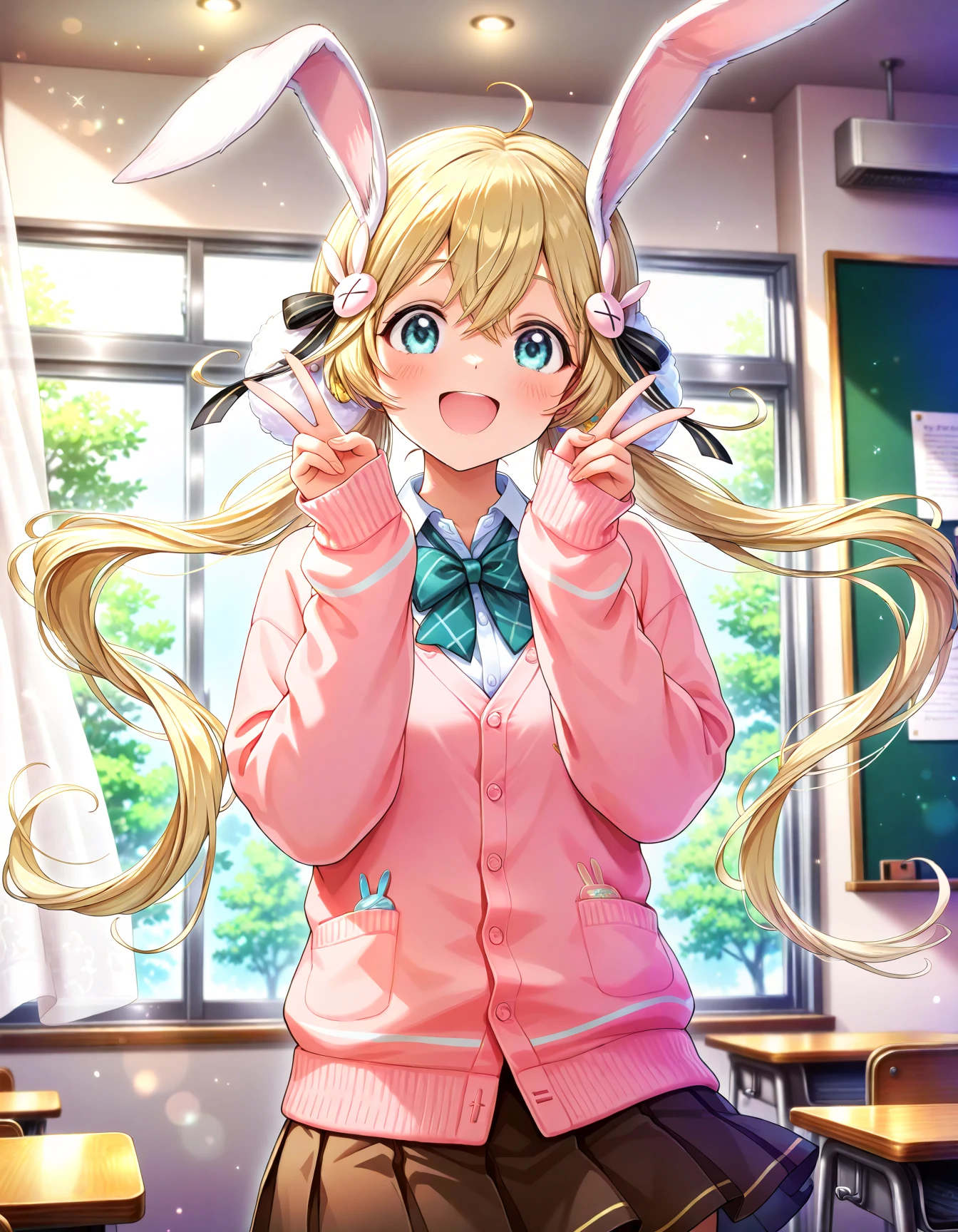 masterpiece, best quality, amazing quality, very aesthetic, absurdres, newest, hdr, volumetric lighting, vivid color light, photorealistic, blurry foreground, 1girl, tsukimi yozora, blonde hair, long hair, ahoge, twintails, hair between eyes, rabbit hair ornament, hair ornament, hair ribbon, rabbit ears, blue eyes, school uniform, pink cardigan, sleeves past wrists, green bowtie, brown skirt, smile, open mouth, peace sign, looking viewer <lora:tsukimi_il:1>