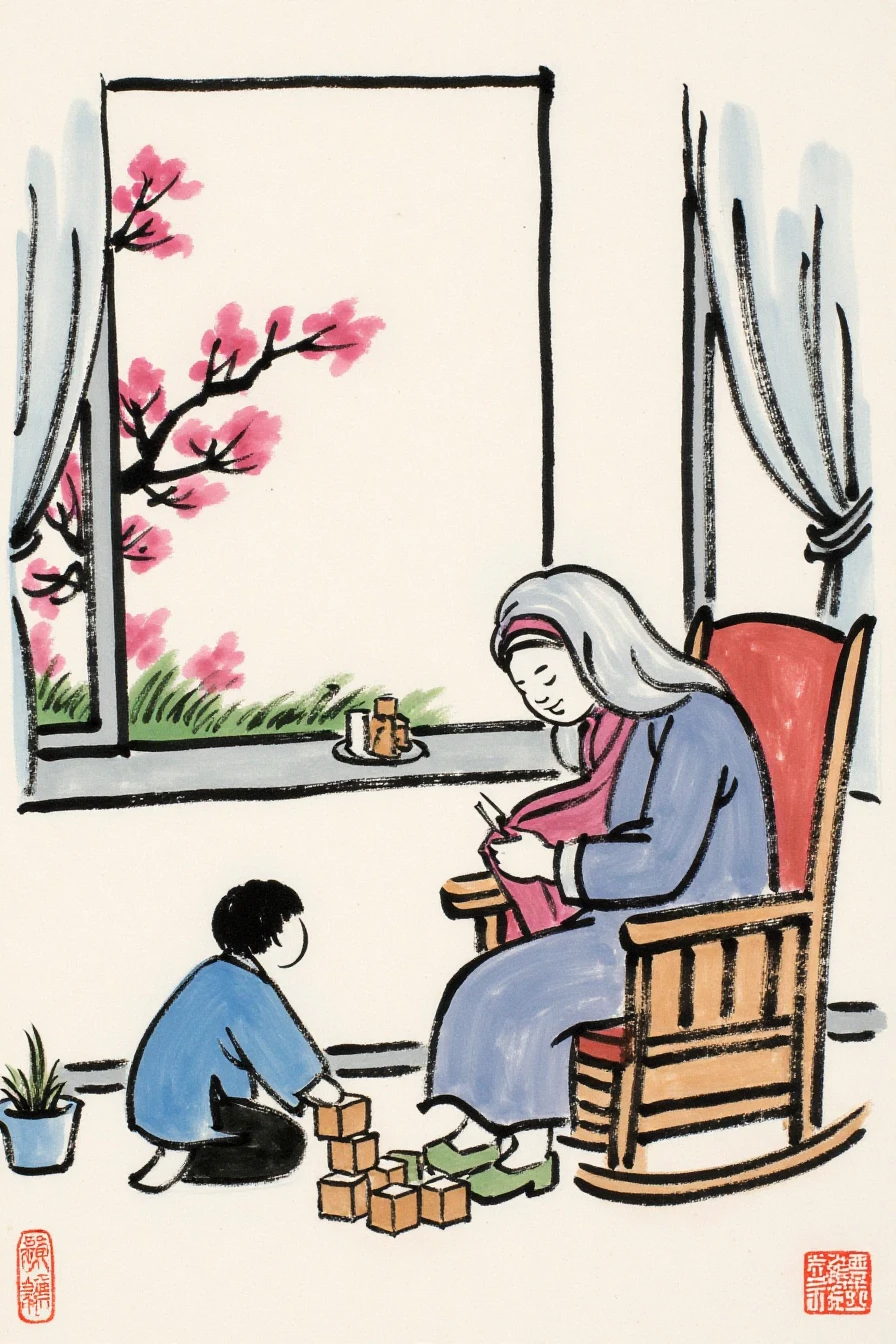 fengzikai, Chinese ink painting. A grandmother knitting in a rocking chair by the window, while her grandchild plays quietly on the floor with wooden blocks. Outside, the garden is in full bloom, adding vibrant colors to the gentle, homely scene