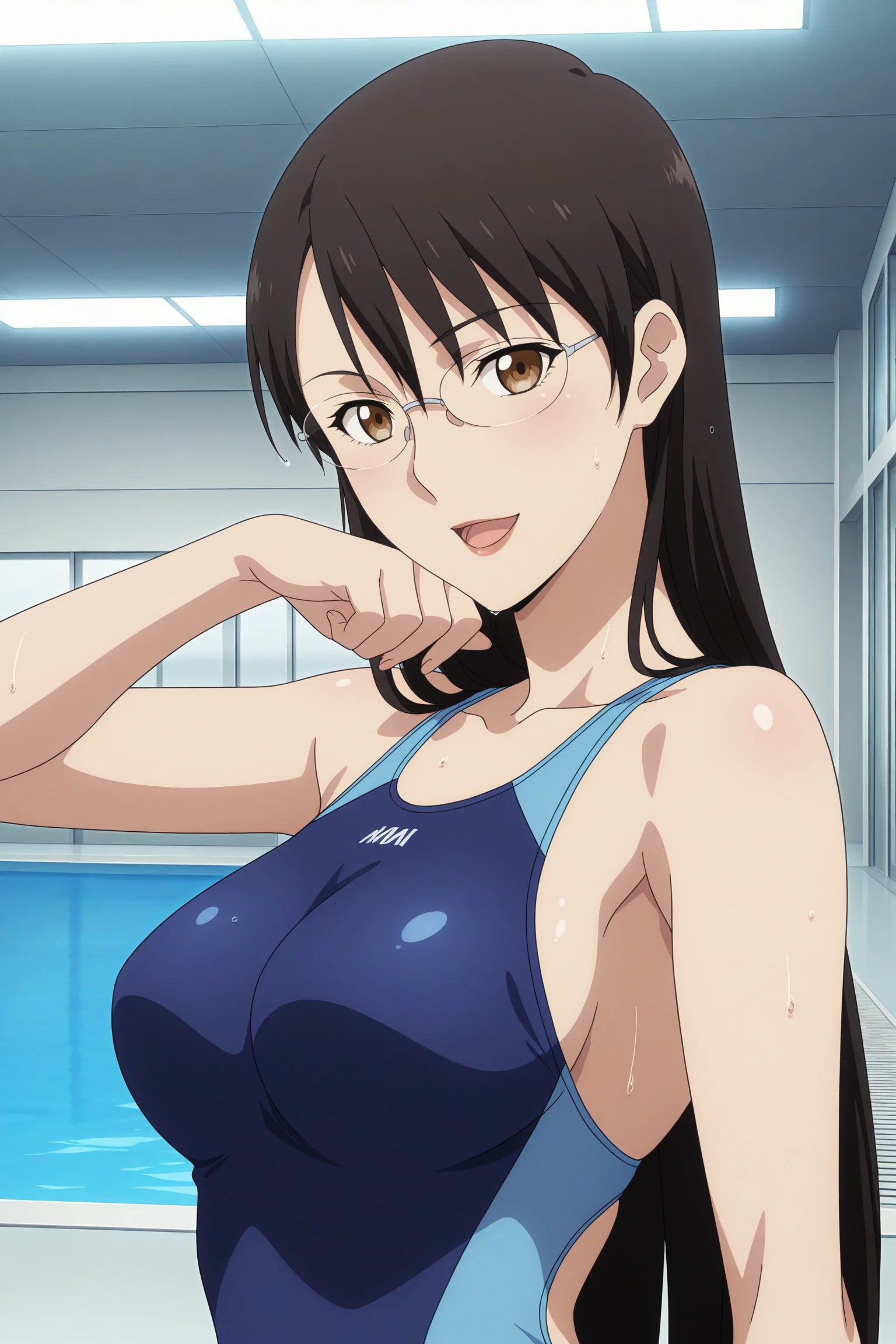 masterpiece, best quality, amazing quality, highres, absurdres, very aesthetic, high resolution, ultra detailed, perfect details, 1girl, solo, indoors, pool, kikuchihara aki, black hair, very long hair, straight hair, swept bangs, brown eyes, rimless eyewear, competition swimsuit, blue swimsuit, <lora:Aki_Kikuchihara_ILXL:0.8>, (aged up:1.4), (upper body), smile, (pose:1.1), anime screencap, open mouth, wet, sweat, looking at viewer