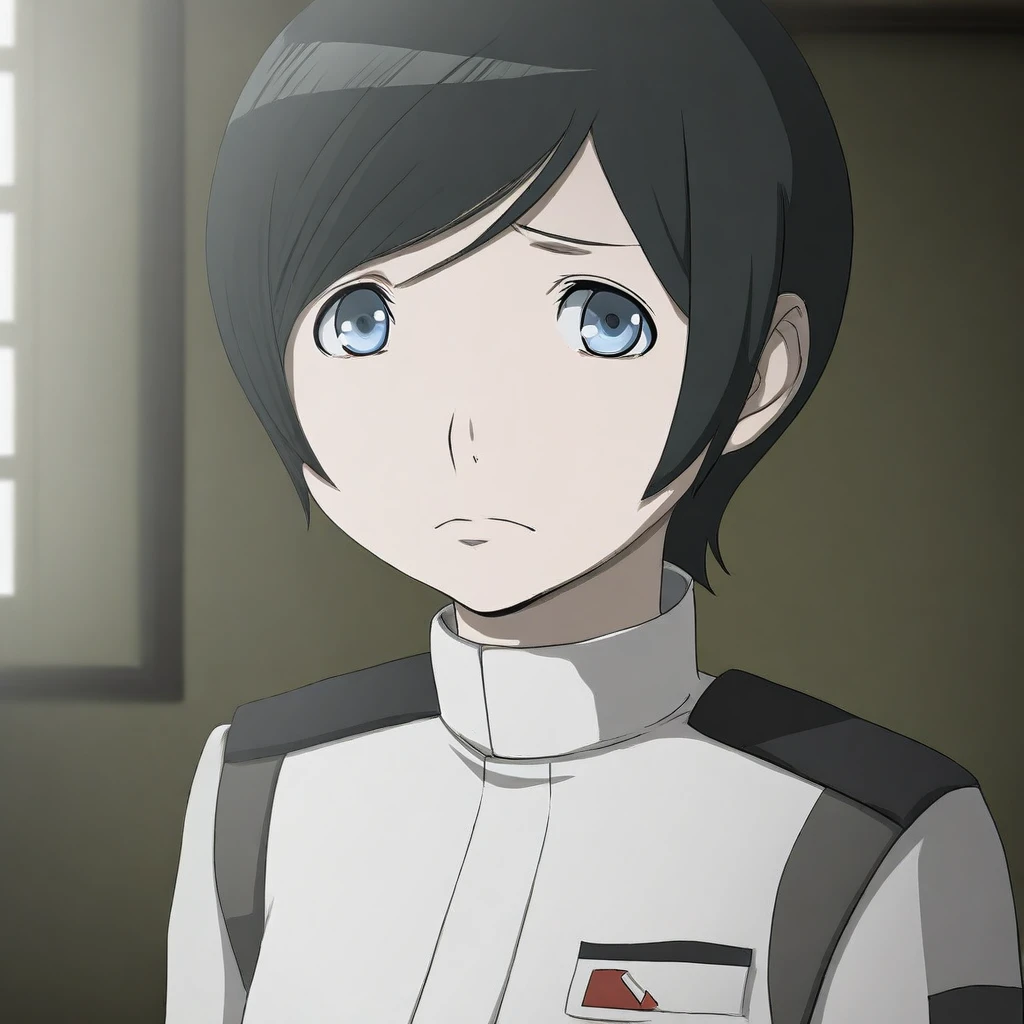 masterpiece, 1440p, 8k, UHD, amazing quality, high resolution, izana-shinatose, Shidonia-no-Kishi, 1girl, solo, looking at viewer, short hair, blue eyes, black hair, closed mouth, upper body, female focus, indoors, uniform, swept bangs, anime coloring, portrait, frown