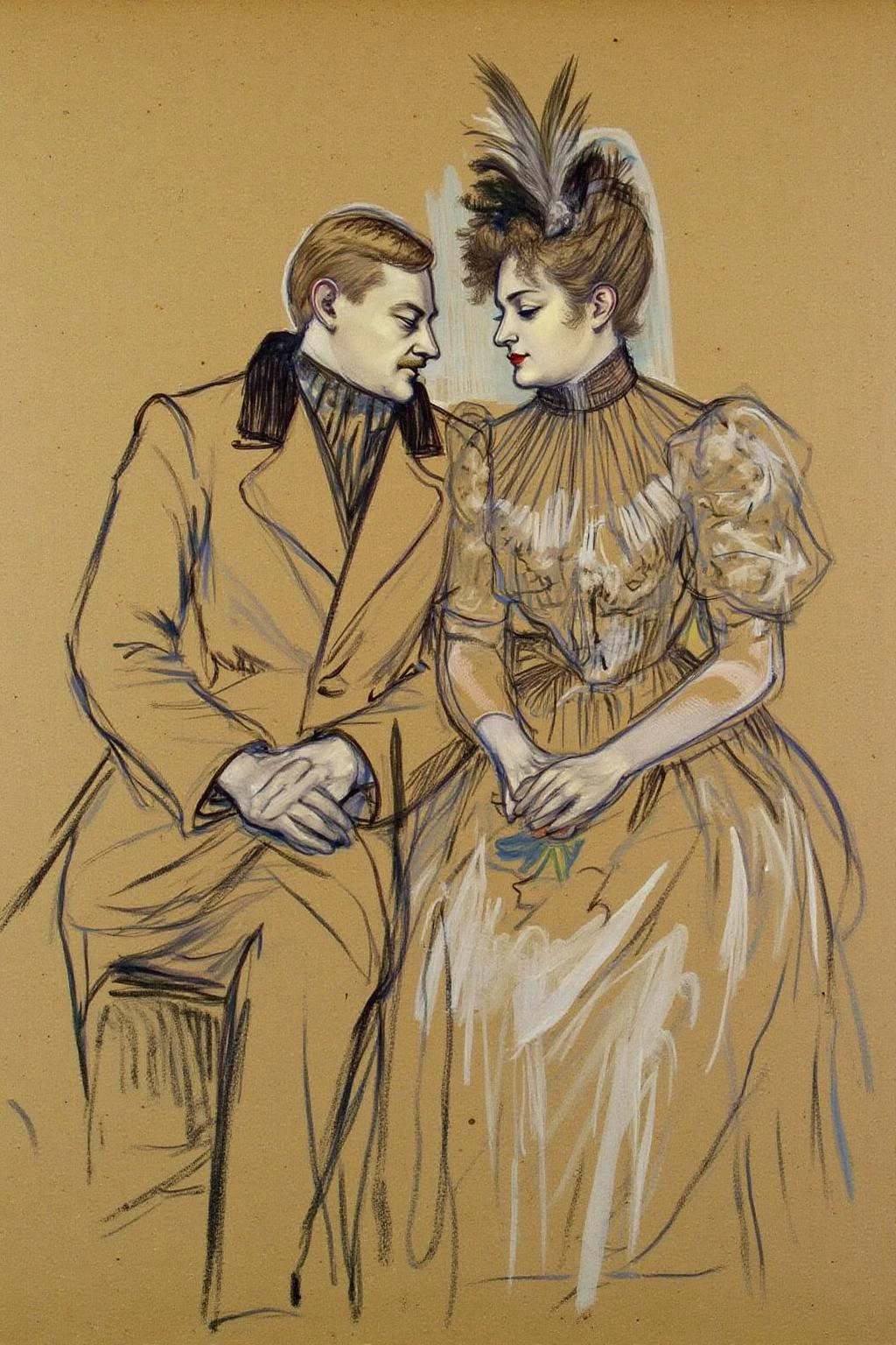 This is a charcoal drawing on brown paper, depicting an intimate moment between two figures, likely a man and a woman, in a seated position. The man, on the left, is dressed in a formal, high-collared coat with a wide lapel, and he has a mustache. His head is slightly bowed, and he appears to be leaning towards the woman. His posture suggests a tender or contemplative demeanor. The woman, on the right, is dressed in a flowing, elaborate dress with a high collar and intricate pleats, typical of early 20th-century fashion. She has a delicate, upturned face and wears a small, ornate hat adorned with a feather. <lora:lautrec3_cap_d6a3e11:1.0><lora:812921495623031023:0>