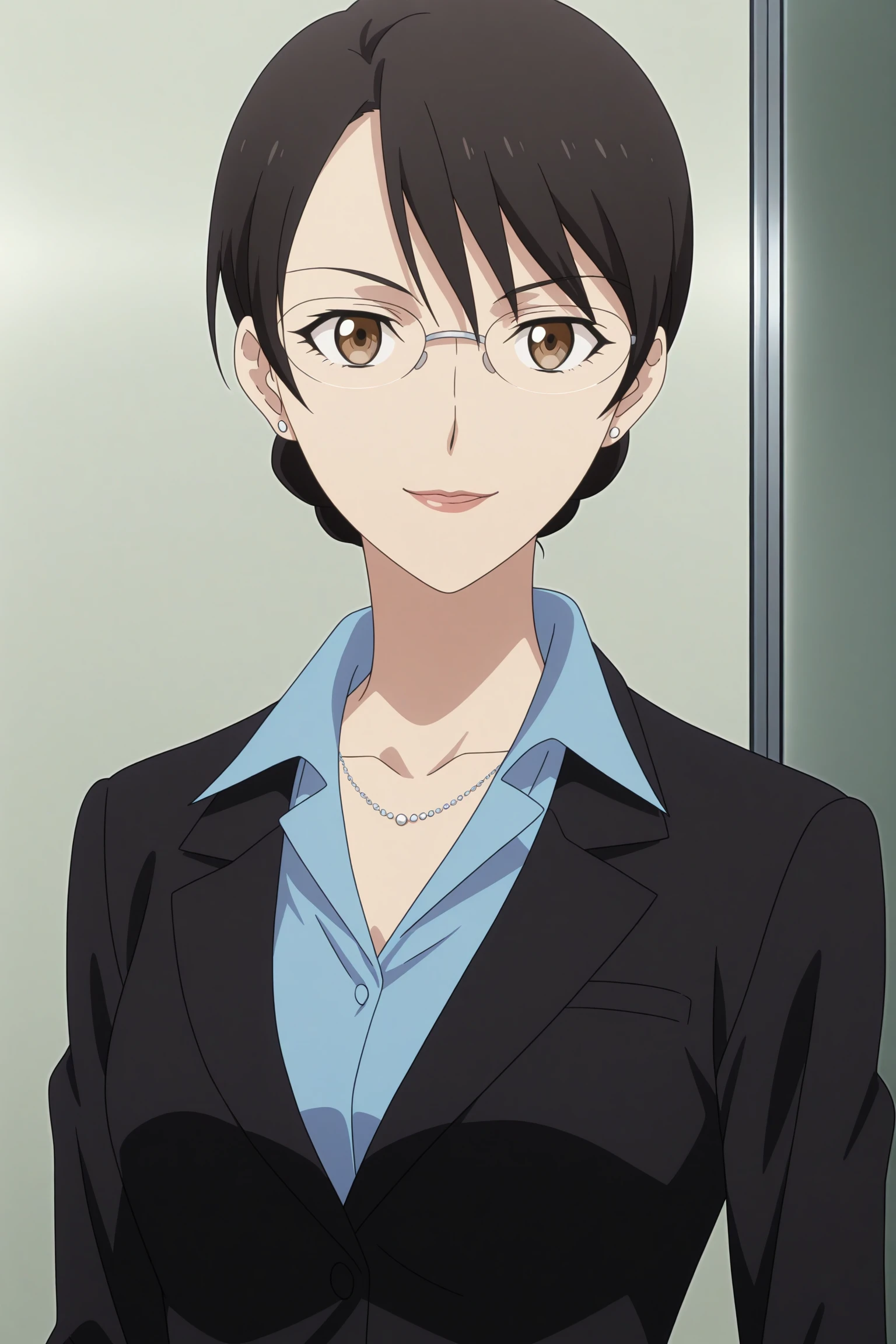 masterpiece, best quality, amazing quality, highres, absurdres, very aesthetic, high resolution, ultra detailed, perfect details, 1girl, solo, indoors, kikuchihara aki, black hair, short hair, hair bun, swept bangs, brown eyes, rimless eyewear, stud earrings, necklace, pant suit, black jacket, blue shirt, collared shirt, necklace, black pants, black footwear, high heels, <lora:Aki_Kikuchihara_ILXL:0.8>, (aged up:1.4), looking at viewer, (upper body:1.2), smile, (pose:1.1), anime screencap