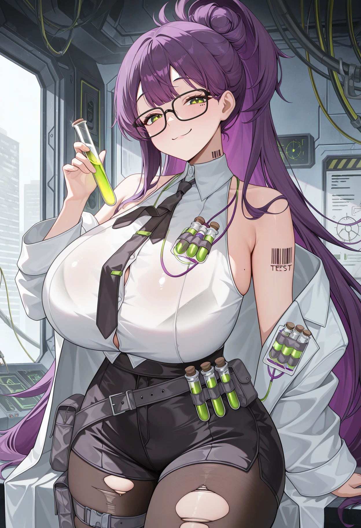 masterpiece, best quality, newest, absurdres, highres, 1girl, solo, <lora:ether-nikke-richy-v1_ixl:1> ether, green eyes, glasses, purple hair, very long hair, ponytail, hair bun, huge breasts, barcode tattoo, white shirt, sleeveless, untucked shirt, loose necktie, black necktie, off shoulder, labcoat, black shorts, high-waist shorts, torn pantyhose, black belt, hip pouch, vial, smug, smile, test tube, science fiction,