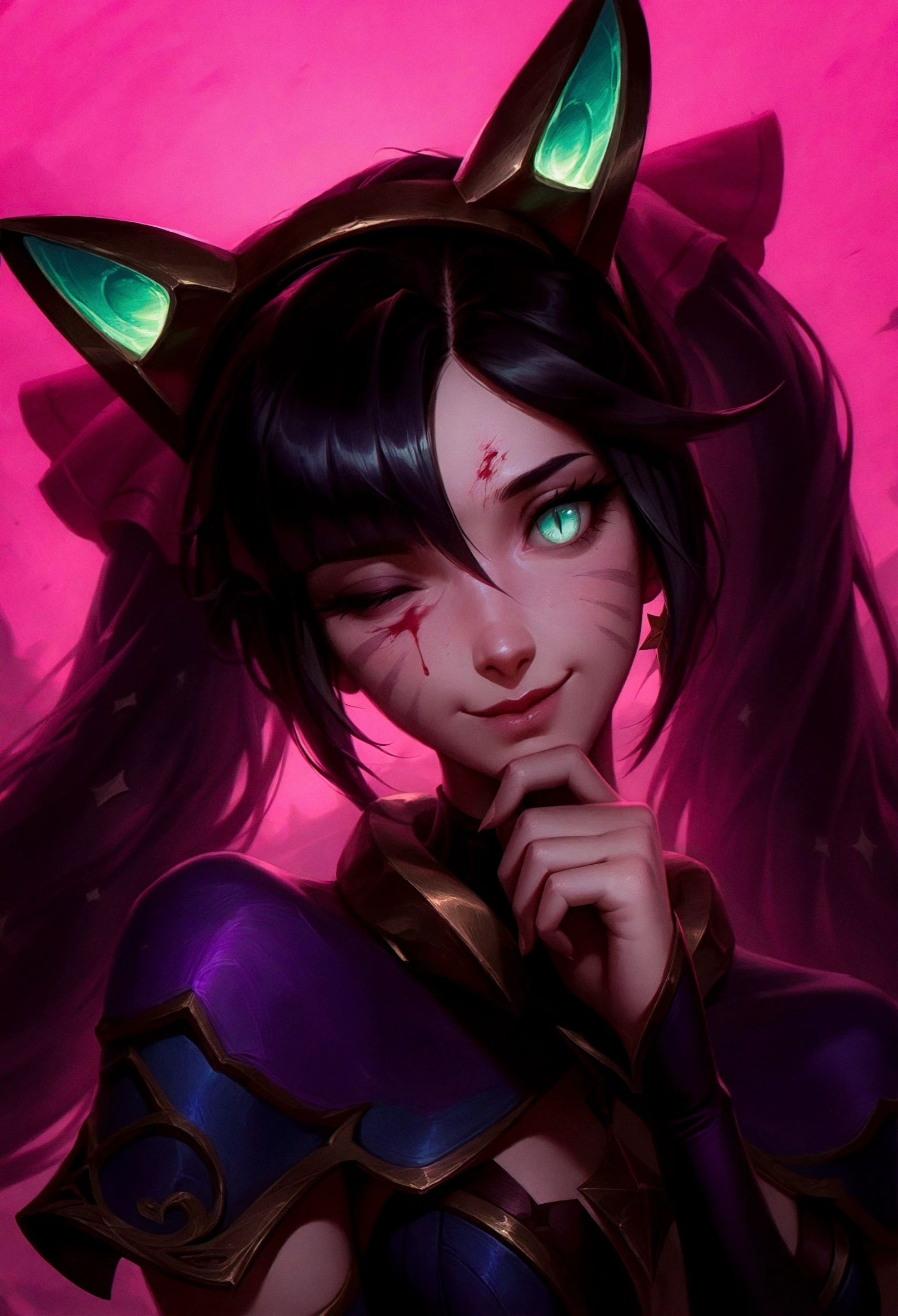 very awa, masterpiece, highres, absurdres, newest, year 2024, year 2023, realistic, league of legends,
  slit pupils, green eyes, 
mona \(genshin impact\),  one eye closed, looking at viewer, head tilt, smile, gloom \(expression\), black hair, hand on own chin, head rest,  portrait, nose, lips, fake animal ears, cat ears, 
simple background, blood theme, pink background, 
<lora:LGSPX:0.7> lgspx,  <lora:USNR STYLE_XL_loha:0.3>  usnr  <lora:ponyv5_noobV065S_1_adamW:0.3> <lora:spo:1>