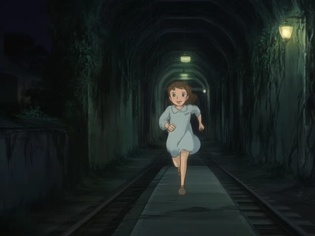 A scene from a Studio Ghibli animated film, featuring a spirited young girl with freckles, as she runs through an abandoned railway station at night, under flickering lanterns, with overgrown vines wrapping around the tracks, while the camera tracks her from behind, emphasizing mystery and anticipation.