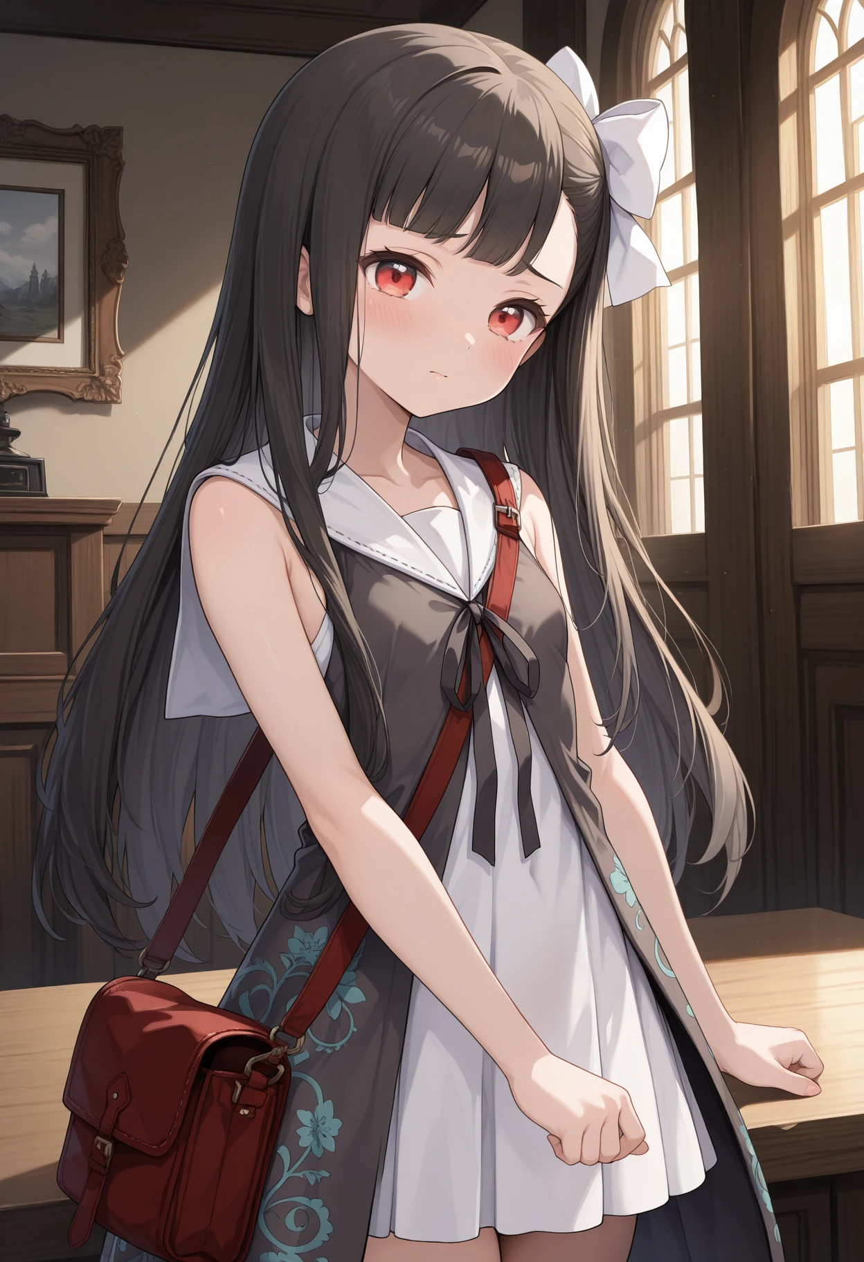 masterpiece, newest, absurdres, highres, 1girl, c-louise, flat chest, long hair, black hair, red eyes, hair bow, sleevess dress, white short dress, black neck ribbon, white sailor collar, sleeveless, indoors, red shoulder bag, dramatic lighting