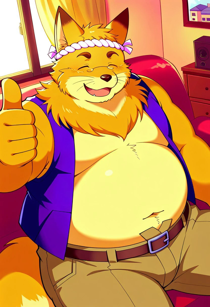 solo, 1boy, detail background, cartoon, 2d, anthro fox, orange body/fur, male, two tone fur, eyes closed, fluffy fur on neck, fox tail, whiskers, obese, thick arms, fat, big belly, brown eyebrows, plump belly, light yellow hair, short hair, short ears, pointed ears, hachimaki on forehead, small oval shaped lenses, blue jacket, brown pants,  rating_safe, cozy atmosphere, shadows, looking at viewer, sitting, on couch, apartment, inside, indoors, a thumbs up, open mouth, close up, upper body, furry focus, window, daytime, curtains, high angle, from above