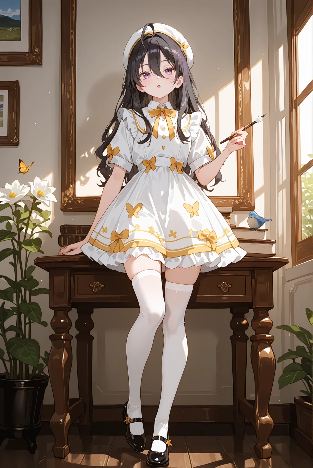 perfect quality,high quality,masterpiece,best quality,amazing quality,very aesthetic,Cinematic Lighting,newest,Tactical use of shadow,
1girl,solo,long hair,black hair,hair between eyes,ahoge,purple eyes,AyanoKimishima Cyql,
palette (object),thighhighs,bug,butterfly,paintbrush,hat,flower,book,white thighhighs,frills,shoes,black footwear,holding,white flower,full body,bow,dress,beret,mary janes,holding paintbrush,white headwear,short sleeves,standing,looking at viewer,puffy sleeves,yellow bow,:o,bird,white background,open mouth,yellow butterfly,frilled dress,standing on one leg,white shirt,shirt,,
<lora:748cmSDXL:0.5>,<lora:illustrious_quality_modifiers_masterpieces_v1:0.8>,<lora:EtherSDXL:0.5>,748cmstyle,EtherStyle,masterpiece,very aesthetic,n,<lora:detailer_v5:0.5>,detailerlora,<lora:Ayano Kimishima_Illustrious by Cyql:1>,