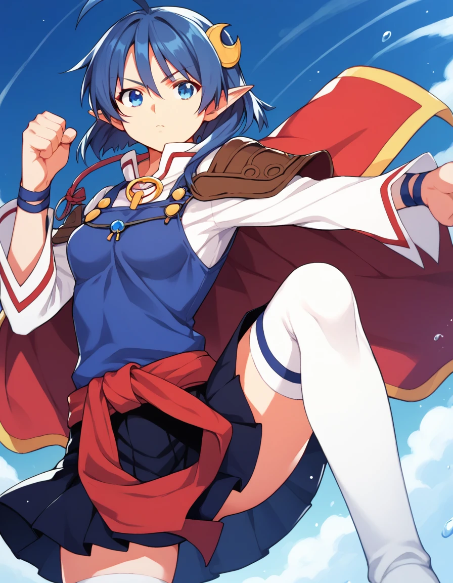 <lora:so2rena_SDXL_pony_fp16:1>,so2rena, 1girl, skirt, blue hair,blue eyes, ahoge,crescent hair ornament, red cape, cape,white thighhighs, fighting stance,, score_9, score_8_up, score_7_up, BREAK source_anime, rating_questionable, best quality, masterpiece, uncensored,[pony diffusion V6 is trained by PurpleSmartAI:100]