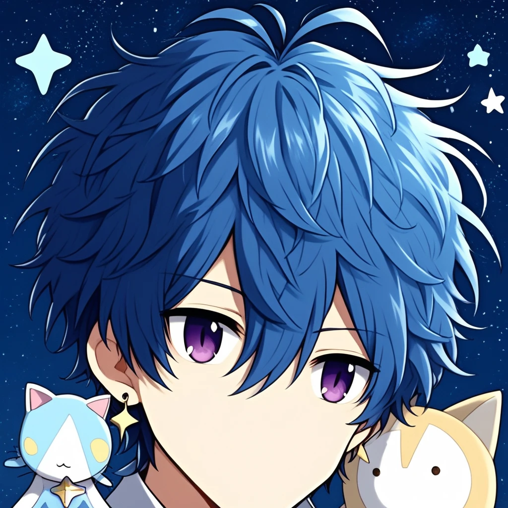 short hair, antenna hair, 1boy, purple eyes, earrings, stuffed animal, hair between eyes, star (sky), plant, blue hair, solo, collared shirt, cat, messy hair