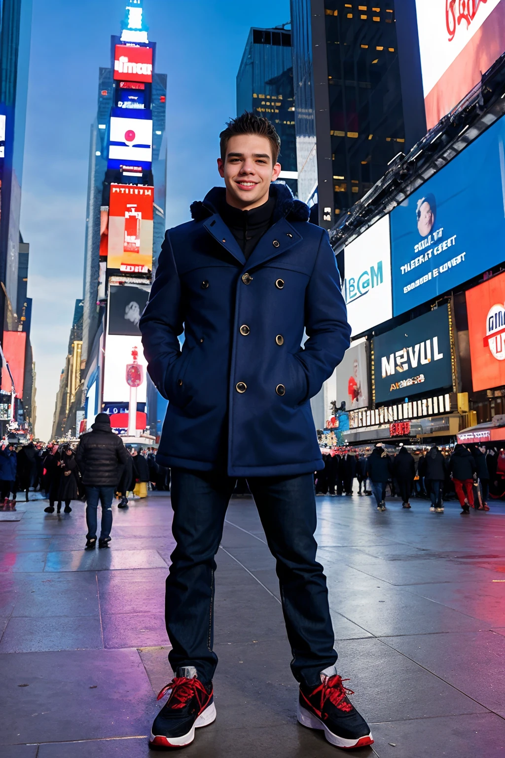Times Square, New Years Day decorations, New York skyscrapers, Times Square ball drop, standing, ZackRandall, smiling, wearing winter coat, blue jeans, sneakers, (((medium body portrait))), wide angle <lora:ZackRandall:0.8>