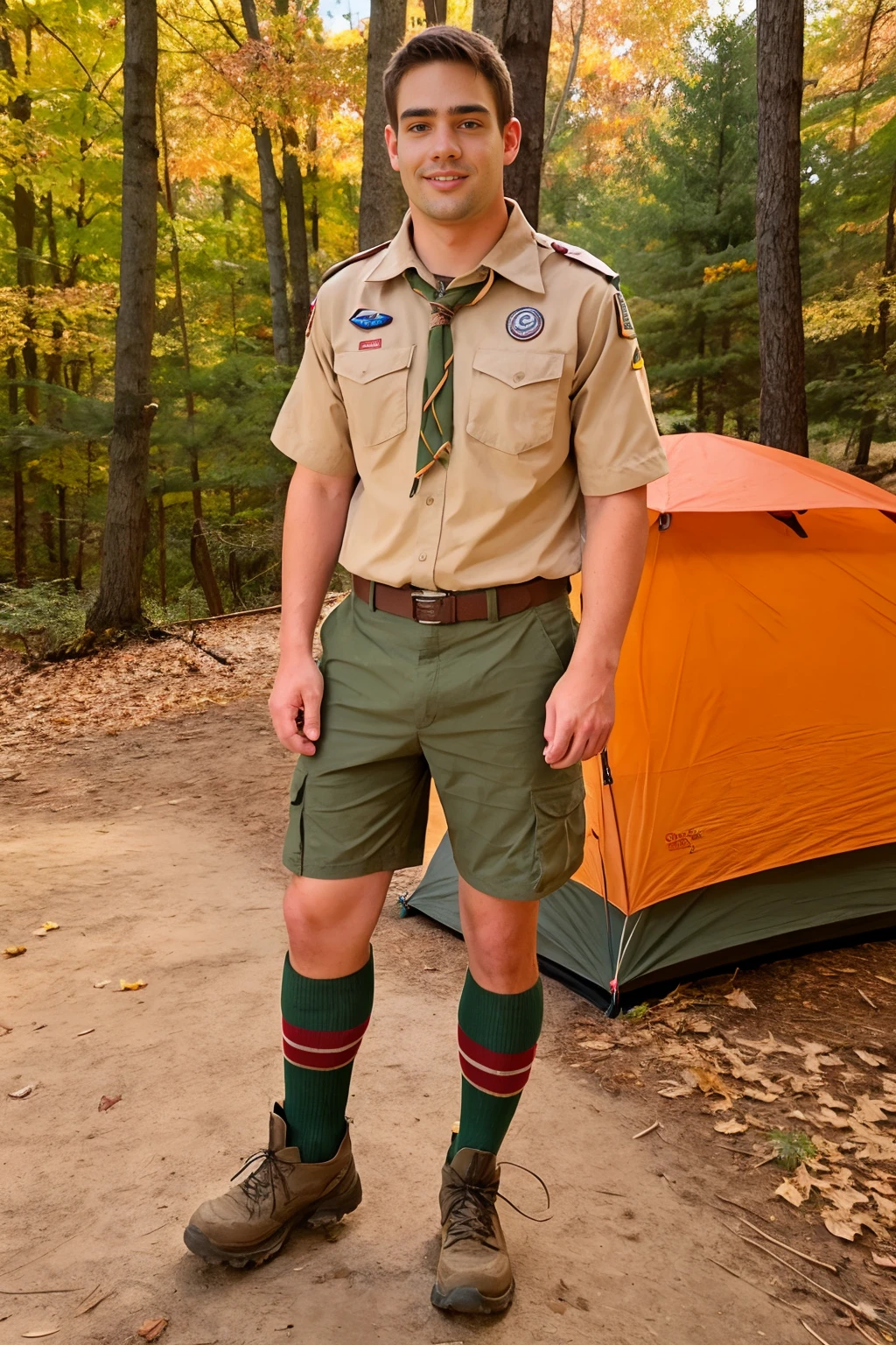 autumn foliage, forest campsite, tent, standing, ZackRandall, wearing a scoutmaster outfit, long socks, hiking boots, (facing viewer:1.4), (((full body portrait))), wide angle, <lora:ZackRandall:0.8> <lora:Bsa:0.55>