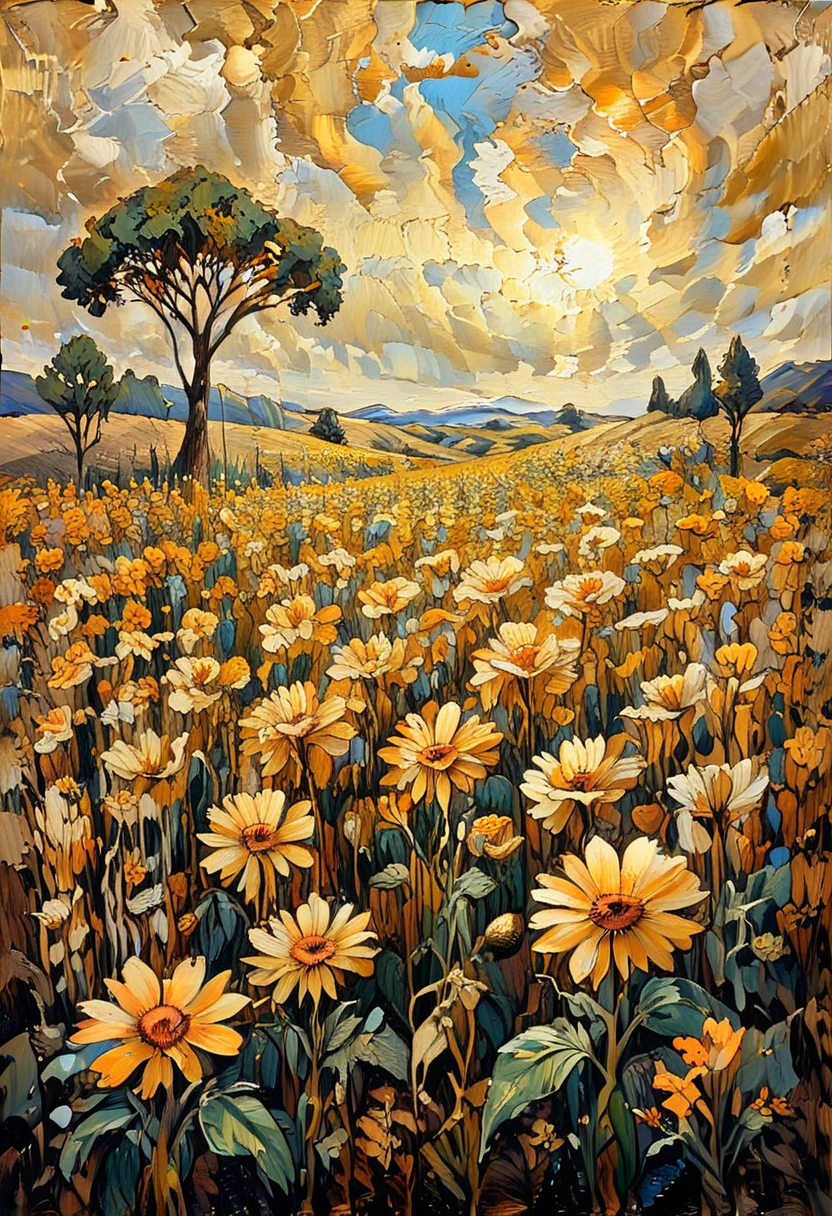 A field of golden flowers that sway as if alive under a magical breeze, Mythical Nature and Landscapes,in memadukan_painter art style, <lora:Memadukan_Brush_Strokes_of_Fineart_SDXL:1.0>, memadukan_painter, Brush Strokes, Impasto