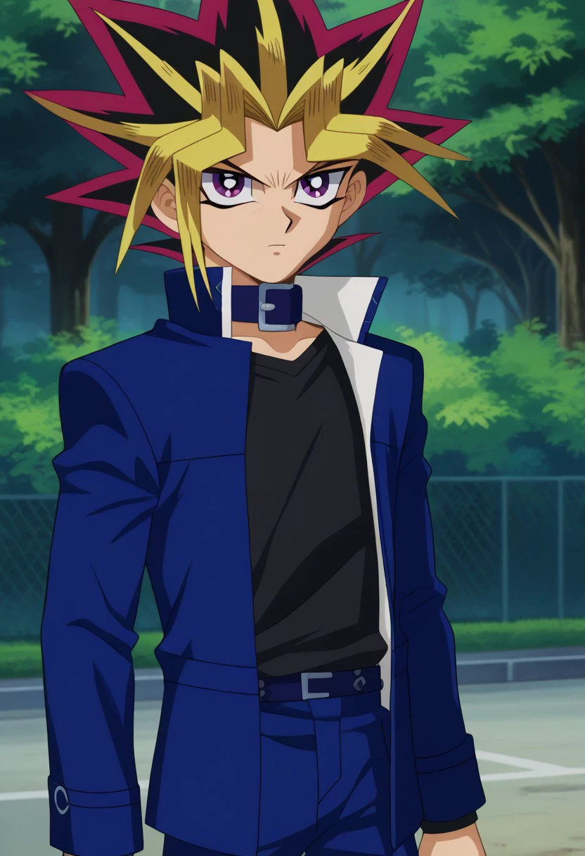 masterpiece, best quality, 
yugi, 1boy, male focus, solo, muto yugi, purple eyes, spiked hair, multicolored hair, black hair, purple hair, blonde hair, bangs, dyed bangs, collar, school uniform, gakuran, shirt, white shirt, collared shirt, jacket, blue jacket, long sleeves, open jacket, open clothes, pants, blue pants, jewelry, necklace, millennium puzzle
outdoor,