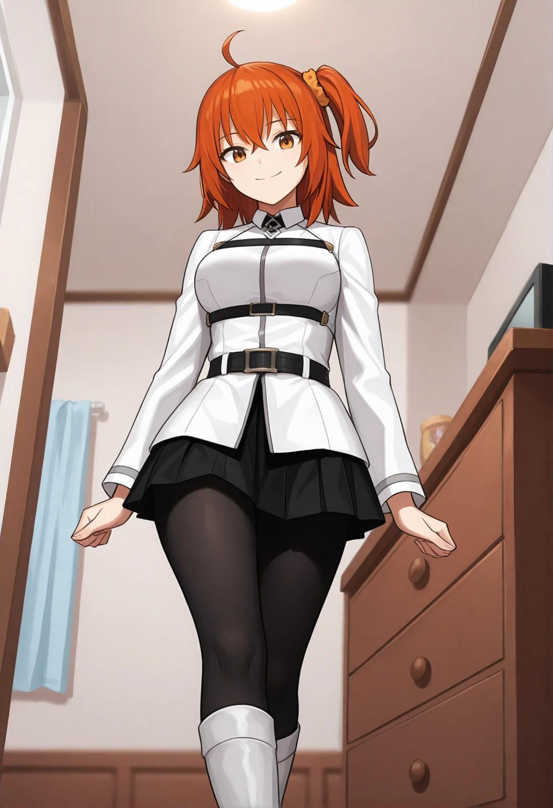 masterpiece, best quality, newest, absurdres, highres, fujimaru ritsuka, unique outfit, looking at viewer, cute, dutch tilt, cinematic, standing, smile, low angle, legs, bedroom, dresser, TV, low angle,
 <lora:Fujimaru_Ritsuka_Female:0.8>